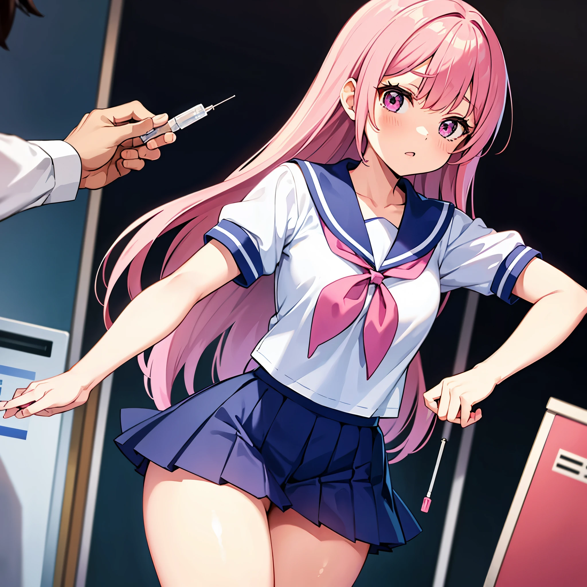 High school girl in a sailor suit with pink hair receiving vaccination、A man grabs your arm and takes a syringe and stabs it into your upper arm.