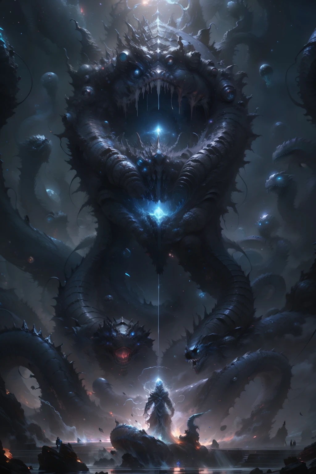 Demen wittor espectro without eyes and a glowing mouth in the space, cosmic horror creature, cosmic horror concept art, amazing space creature 4 k, lovecraftian sea creature, deep sea creature, cosmic horror entity, lovecraftian cosmic fear, inspired by Aleksi Briclot, fantasy and cosmic horror movie, lovecraftian monster, lovecraftian creature, space horror