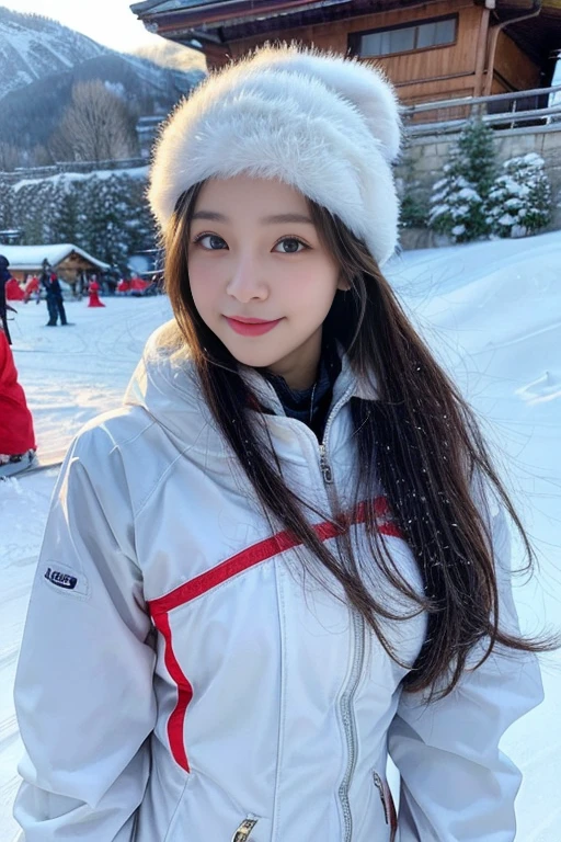 masterpiece、8K、32K、highest quality、(cute japanese woman:1.1)、Detailed description、1 girl、elegant、23 years old、(ski wear:1.3)、(Winter Ski Resorts:1.1)、Breasts out、smile、snow board