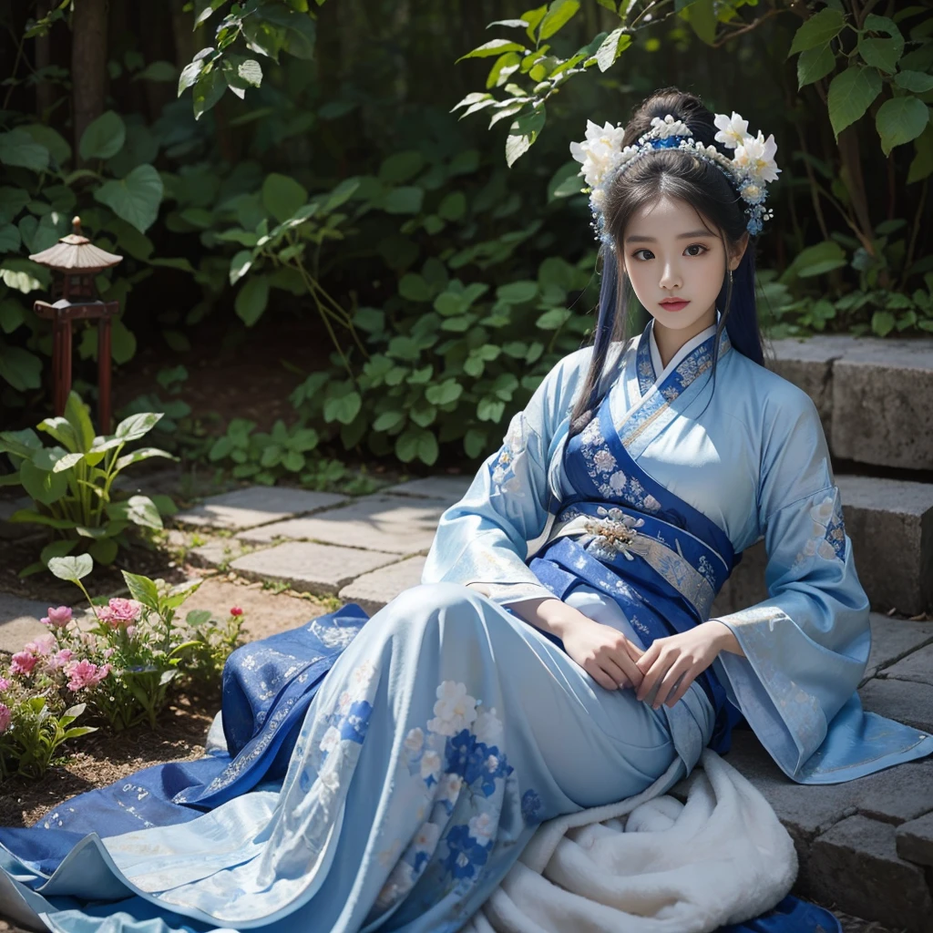 A woman in a blue and white dress with flowers in her hair, hanfu, palace, girl in hanfu, blue hanfu, white hanfu, wearing ancient Chinese costume, ((beautiful fantasy queen)), ancient Chinese princess, Chinese style, traditional Chinese clothing, ancient Chinese clothing, beautiful fantasy queen, Chinese princess, traditional beauty,