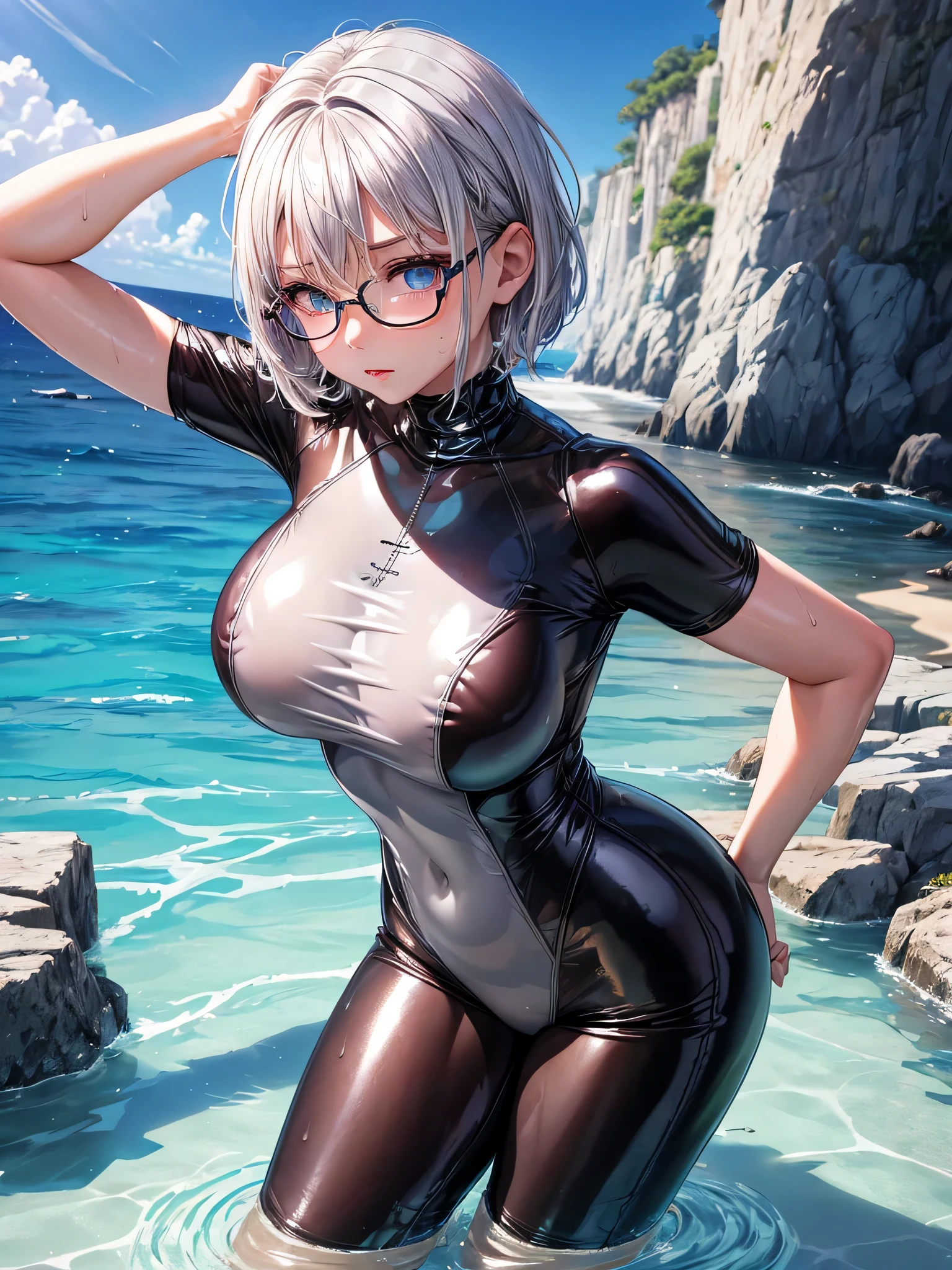 best image quality、8K、UHD、pieces fly、cute eyes、silver hair、Glasses、latex high neck swimwear、latex high neck school swimwear、short hair、短髪のsilver hair美女、Upright Pose、wet skin、