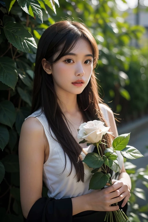 1 girl,between leaves,White rose