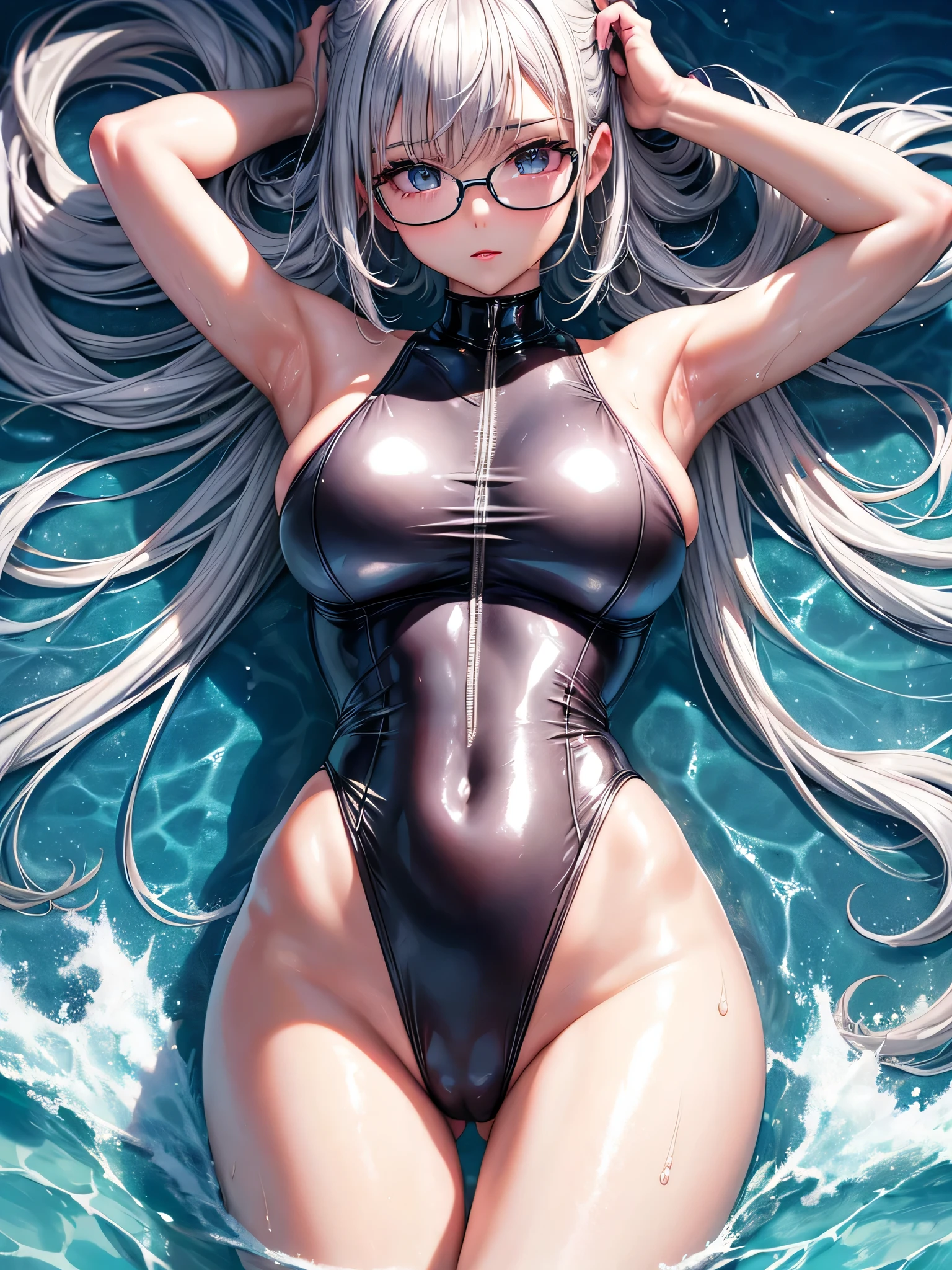 best image quality、8K、UHD、pieces fly、cute eyes、silver hair、Glasses、latex high neck swimwear、latex high neck school swimwear、short hair、短髪のsilver hair美女、Upright Pose、wet skin、