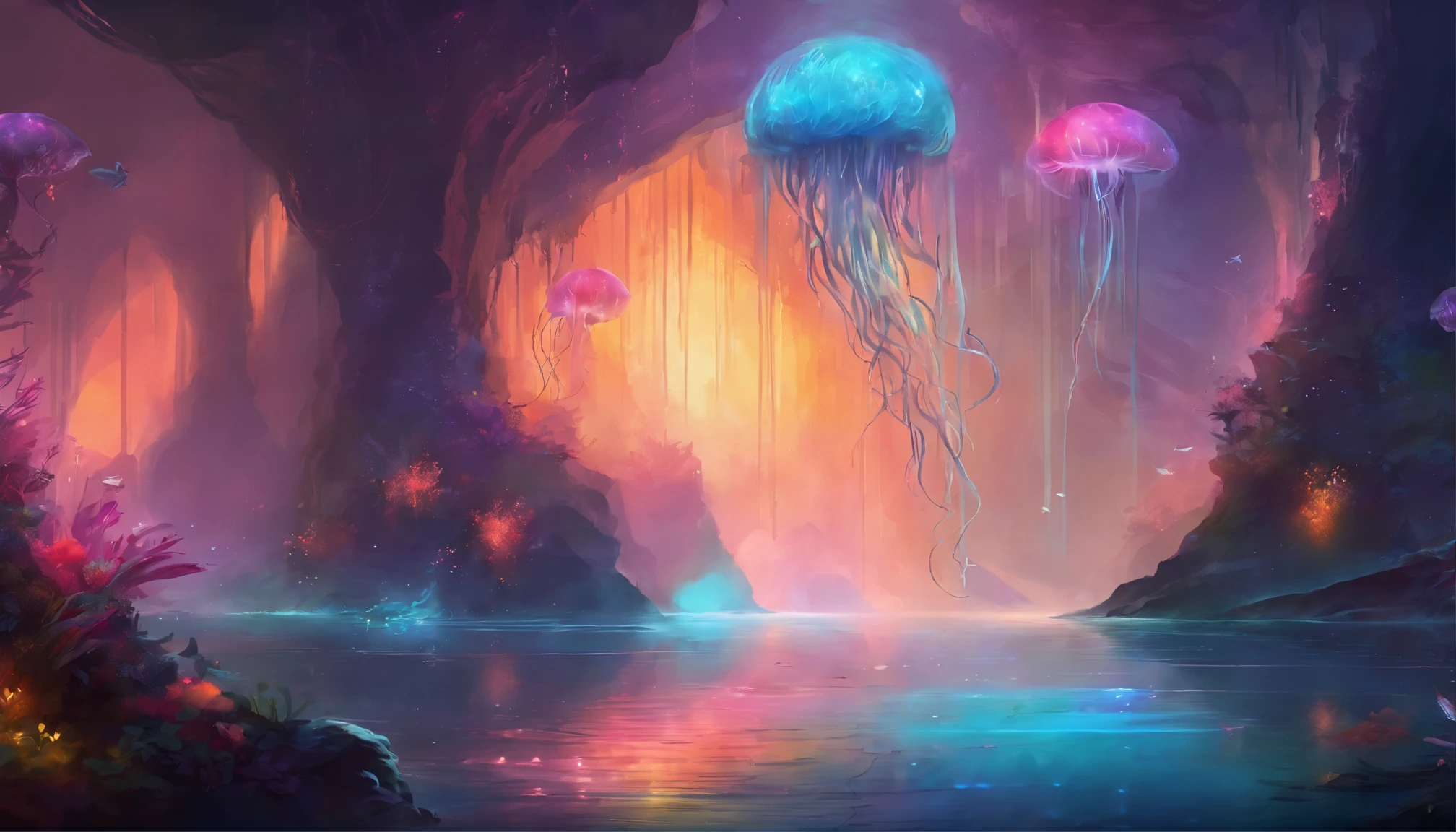 4k wallpaper, abyssal depths, glowing jellyfish, colorful, fantasy, (peaceful, serene, ethereal)
