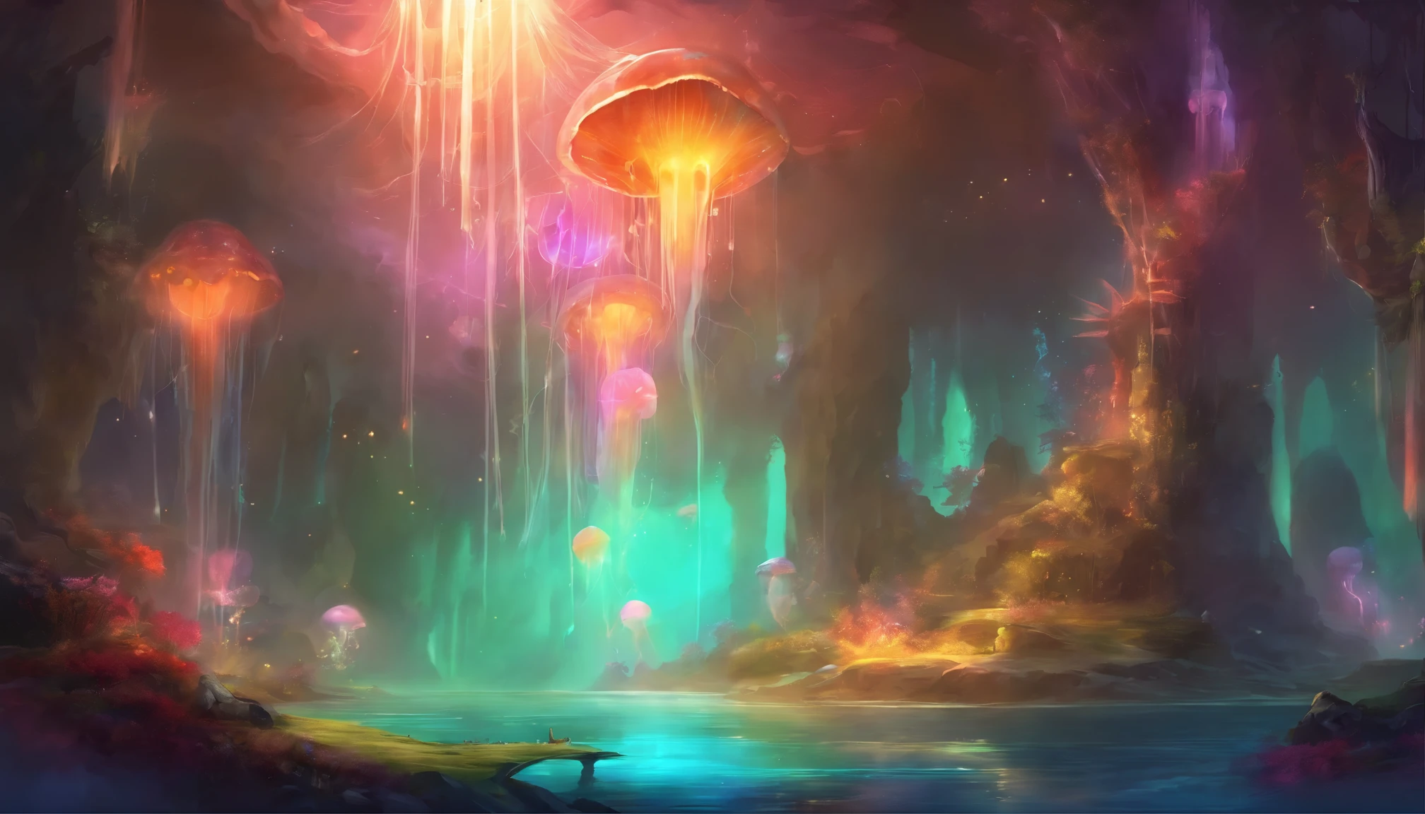 4k wallpaper, abyssal depths, glowing jellyfish, colorful, fantasy, (peaceful, serene, ethereal)