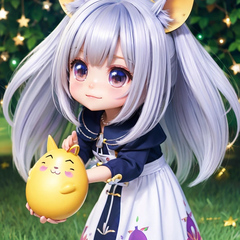 chibi character　bob　Ahoge　silver hair　