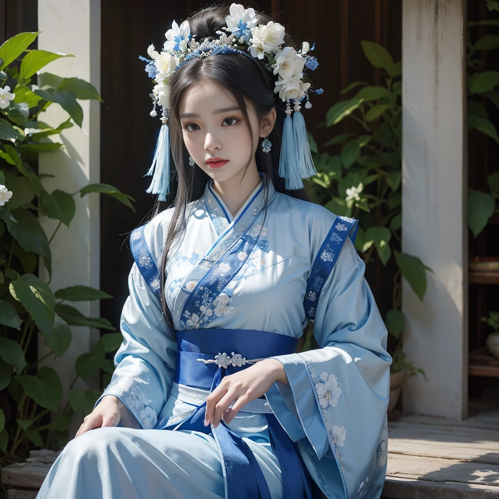 A woman in a blue and white dress with flowers in her hair, hanfu, palace, girl in hanfu, blue hanfu, white hanfu, wearing ancient Chinese costume, ((beautiful fantasy queen)), ancient Chinese princess, Chinese style, traditional Chinese clothing, ancient Chinese clothing, beautiful fantasy queen, Chinese princess, traditional beauty, detailed face