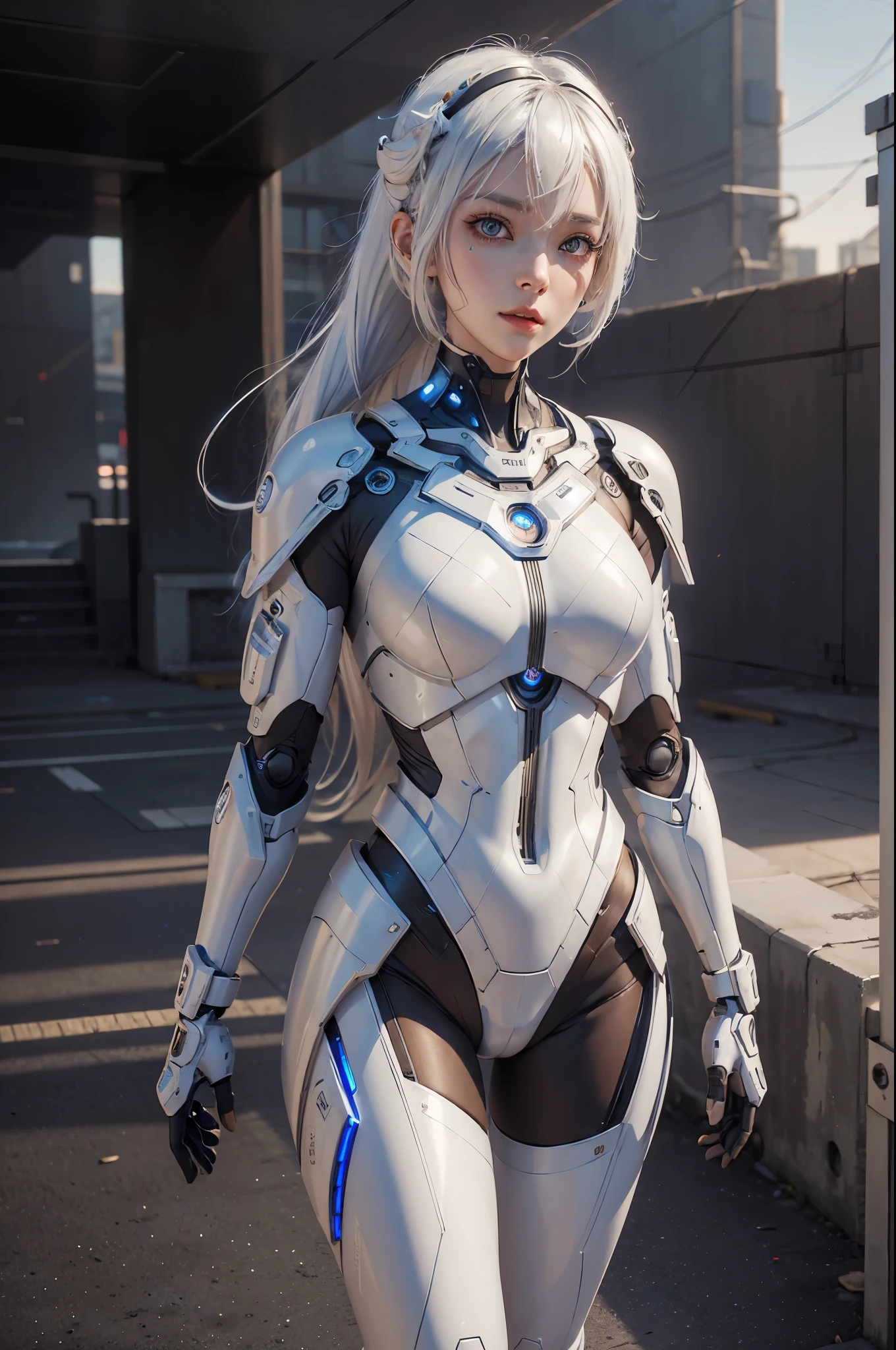 ((Cyberpunk women images))，Dynamic pose、(masterpiece:1.4, highest quality, Dutch Angle)(One girl, alone)（White hair that changes with the light、Smooth and straight hair、WHITE hair fluttering in the wind）、（beautiful, Glowing Skin、Cheek gloss highlighter、Sexy and very beautiful and adorable face、世界で最もbeautiful顔、big, Sparkling blue eyes）、（Cute 25 year old girl、Ample breasts、Narrow waist、Delicate shoulders、Perfect figure）（Overall dark、Abandoned futuristic city、End of the Century World、Traces of war、Caves、ruins）(Futuristic combat suit、Battle Armor、Highly decorated battle suit)