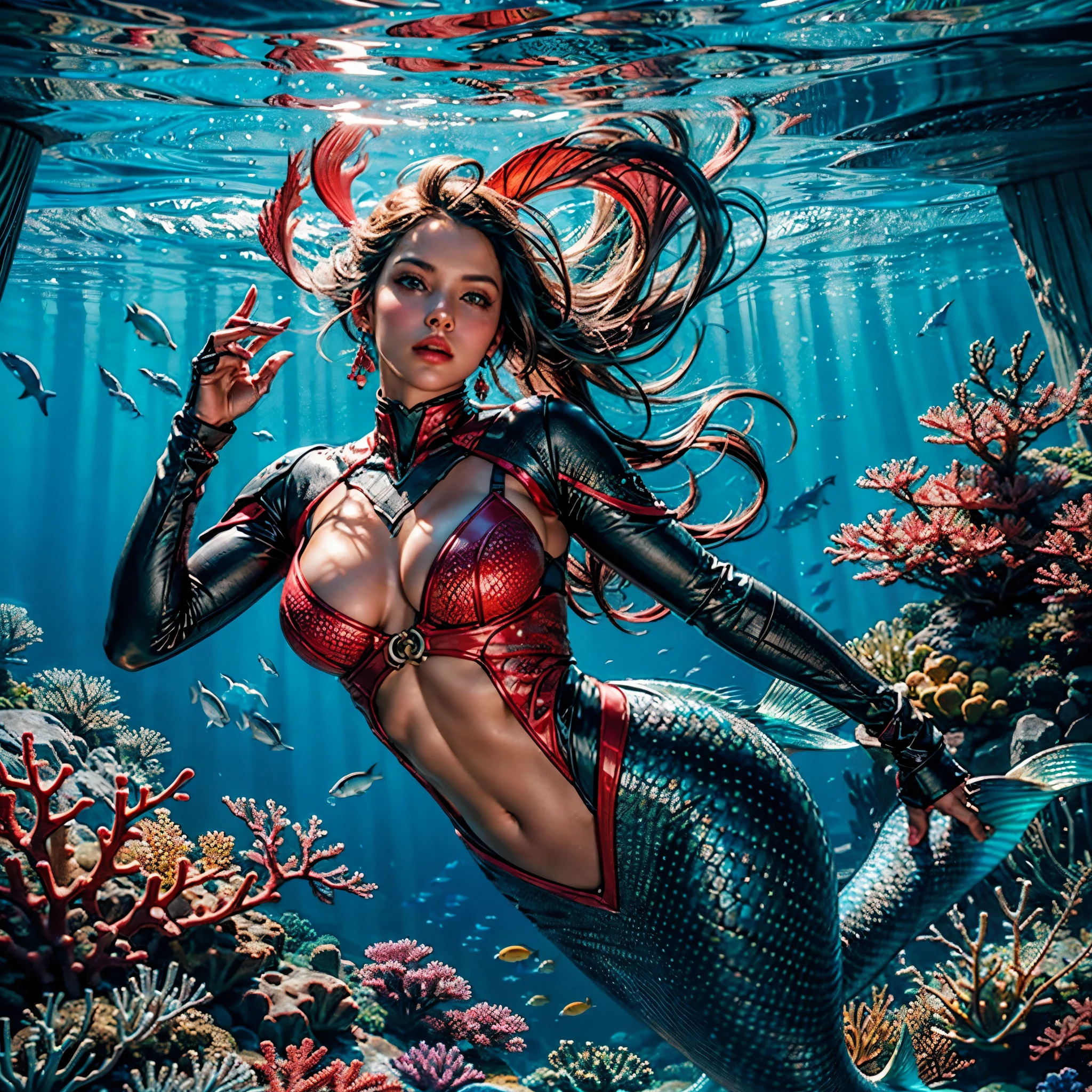 Unrealengine5 ultra Masterpiece, best quality, ultra high res, 1girl, underwater,Beneath the sea, where tendrils of coral fish and vines abound, a (mermaid) girl stares at you, Her eyes gleam with an eerie light hyper_photo-realistic saturate meticulously intricate ultra optimal ultra_high-def ultra_high-quality accurate ultra_high-details ultra_high-res color-coded shading perfection reflex extreme improved Octane_rendered opengl-shaders glsl-shader UHD XT3 DSLR HDR symmetrical multi various etc. --v 6 --s 1000 --c 20 --q 20 --chaos 100