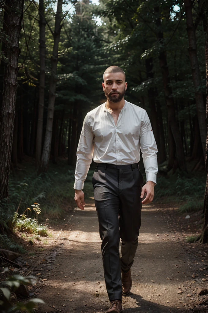cinematic Person, Young man with shaved haircut, light eyes, with beard, walking in a forest, white lights in background, long shot
