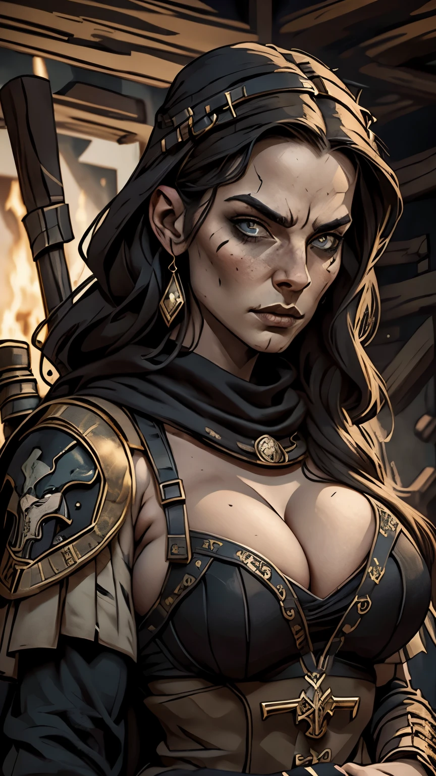 (masterpiece), best quality, expressive eyes, perfect face, detailed eyes, dark fantasy, Margot, viking clan, viking warrior, cleavage, black and gold  outfit, massive snoopy breast, badass woman, sensual , 