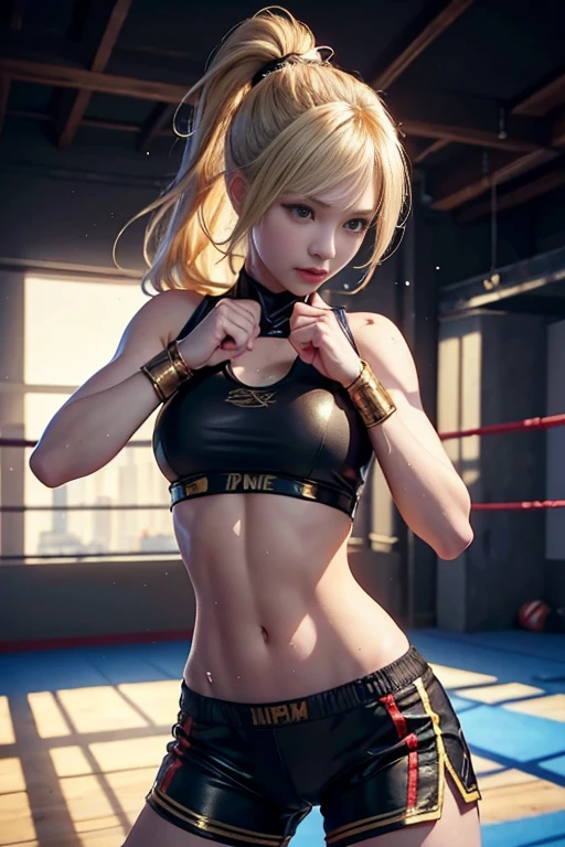 (original) , (highly detailed wallpaper) , (highest quality) , (masterpiece) , The reality of photography, realistic, highly detailed illustrations, (1 girl) , beautiful eyes, (delicate face) , perfect details, (best lighting) , (super intricate details) , (Ms. Marvel) , (aggressive punching) , Sweat, heavy breathing, (oppressive attack) , (Boxing rings) , Athletic Shorts, perfect details, perfect fingers, perfect limbs, impact, (shiny skin) , abs, muscle, waistline,boxing shorts, fist fight, blonde hair, high ponytail, very long hair, 4K unified, (Super detailed CG: 1.2) , (8K: 1.2) , realistic, octane rendering