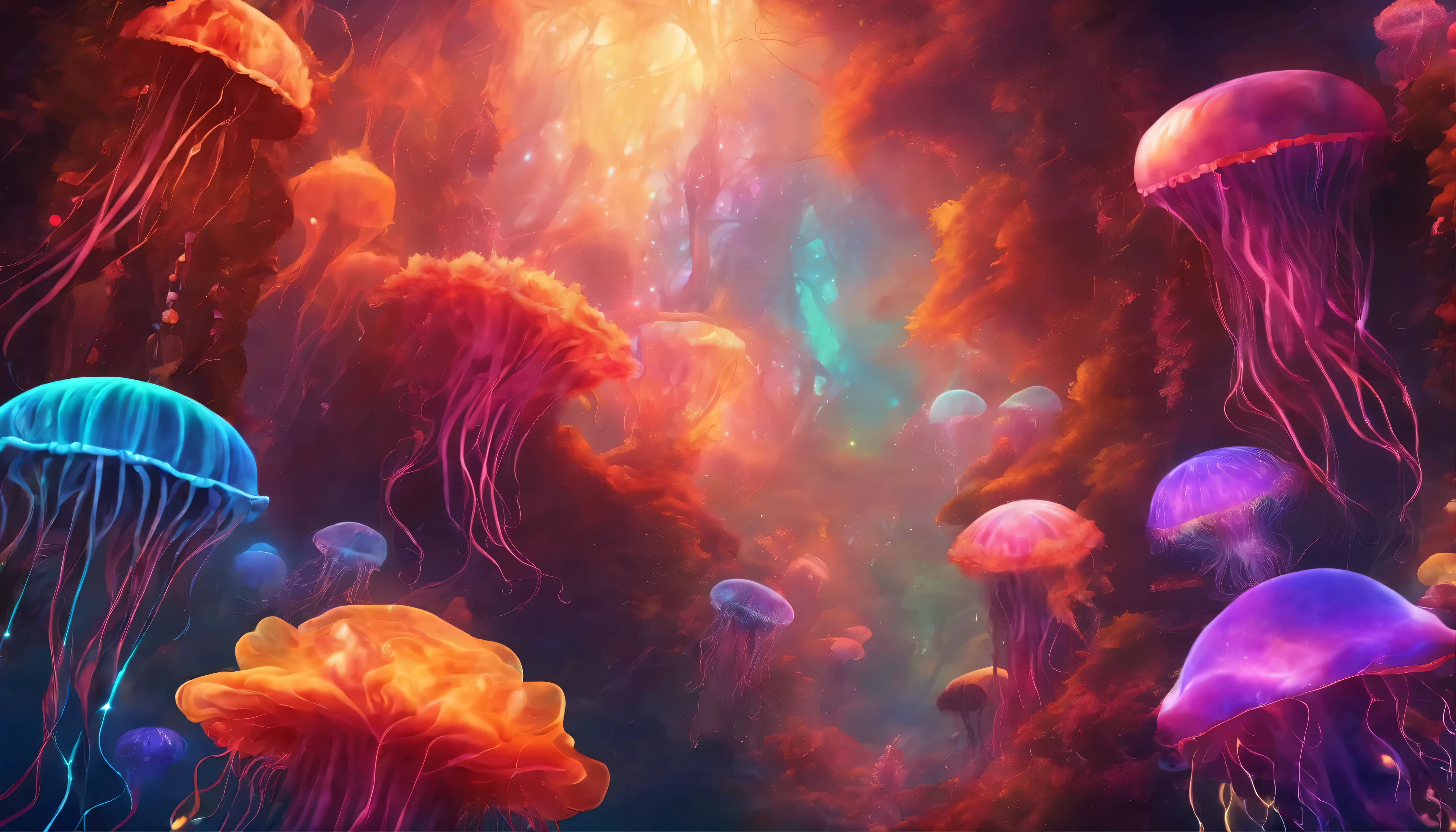 4k wallpaper, abyssal depths, glowing jellyfish, colorful, fantasy, (peaceful, serene, ethereal)