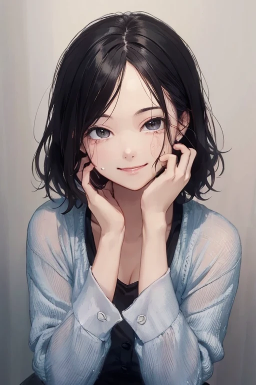 ((highest quality)), ((masterpiece)), (become familiar with), perfect face is sad Are crying girl dark room one piece sitting black hair I'm looking straight over here smile