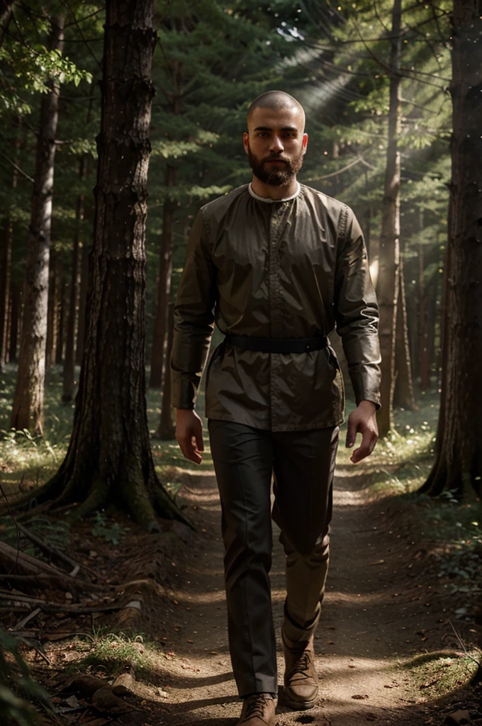 cinematic Person, Young man with shaved haircut, light eyes, with beard, walking in a forest, white lights in background, long shot