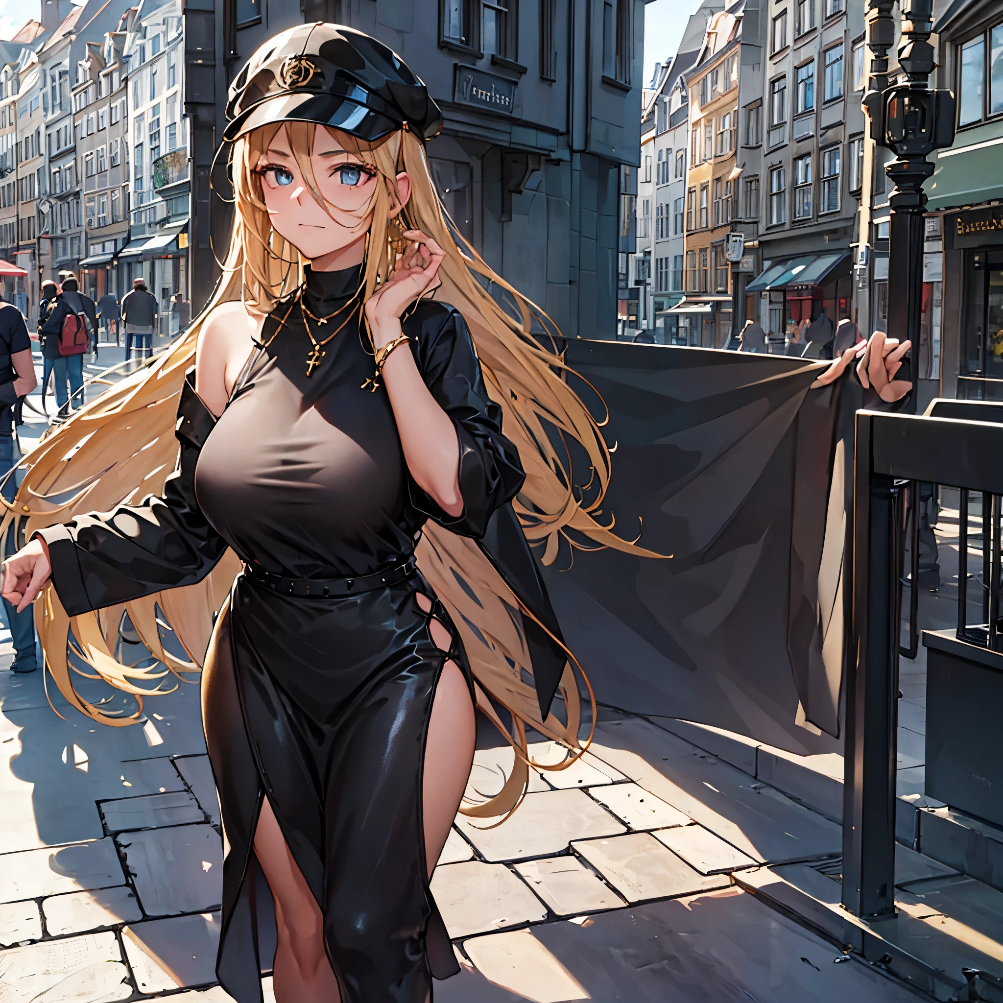 a woman in black casual clothing subtle with gold details on her clothing, in a German city, big breasts
