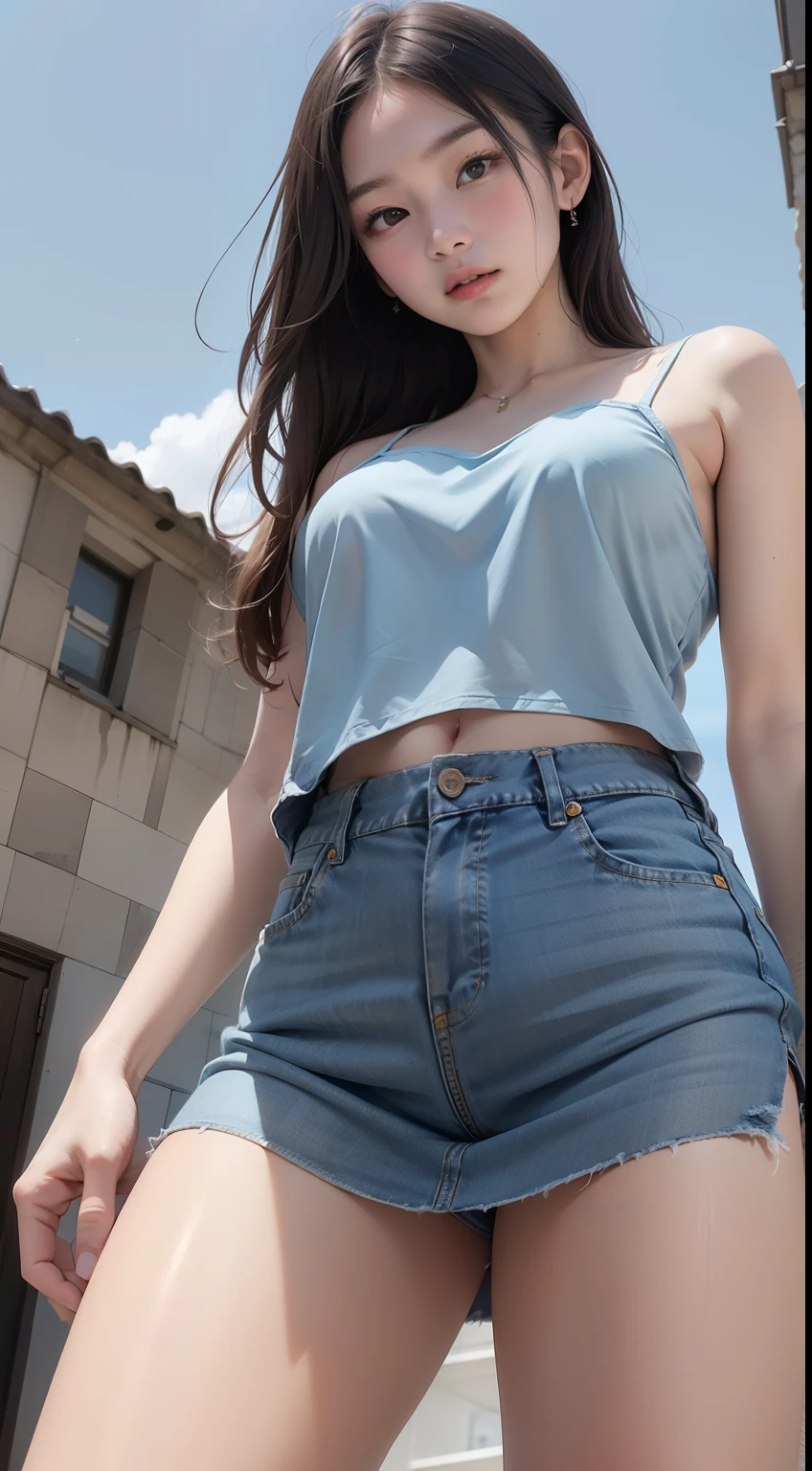18 years old, from the ground, camisole, (denim miniskirt), light blue underwear pattern, from below, blue sky,