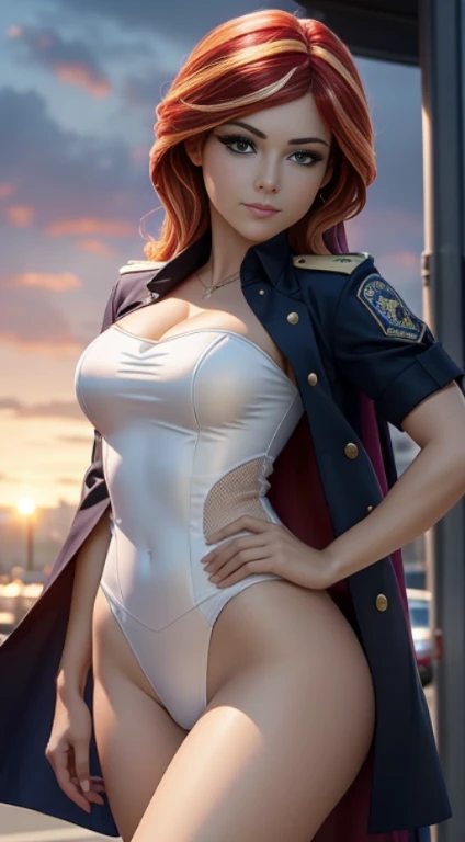 Posar en un coche de police de la ciudad., una foto,criado sexy, police oficials, Vistiendo un uniforme de police, poli, oficial, police, atuendo, mujer sheriff, modelo de moda femenina coreana,ajustado,Falda que envuelve las caderas,falda corta ajustada con caderas,tacones altos,Cuerpo en forma de pera,piernas largas,Usa diferentes colores,piel blanca,pantimedias de encaje , mlp , Sunset Shimmer