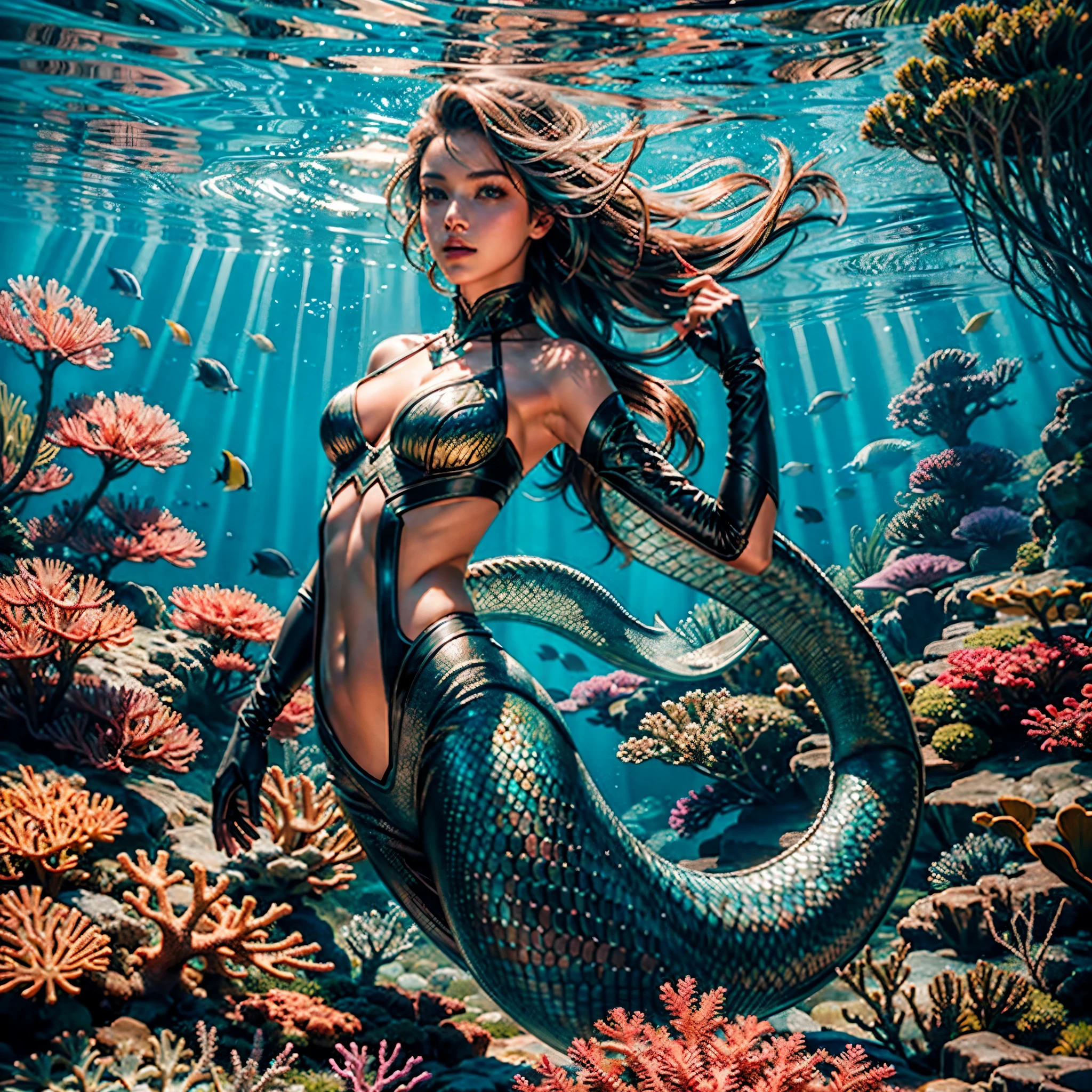 Unrealengine5 ultra Masterpiece, best quality, ultra high res, 1girl, underwater,Beneath the sea, where tendrils of coral fish and vines abound, a (mermaid) girl stares at you, Her eyes gleam with an eerie light hyper_photo-realistic saturate meticulously intricate ultra optimal ultra_high-def ultra_high-quality accurate ultra_high-details ultra_high-res color-coded shading perfection reflex extreme improved Octane_rendered opengl-shaders glsl-shader UHD XT3 DSLR HDR symmetrical multi various etc. --v 6 --s 1000 --c 20 --q 20 --chaos 100