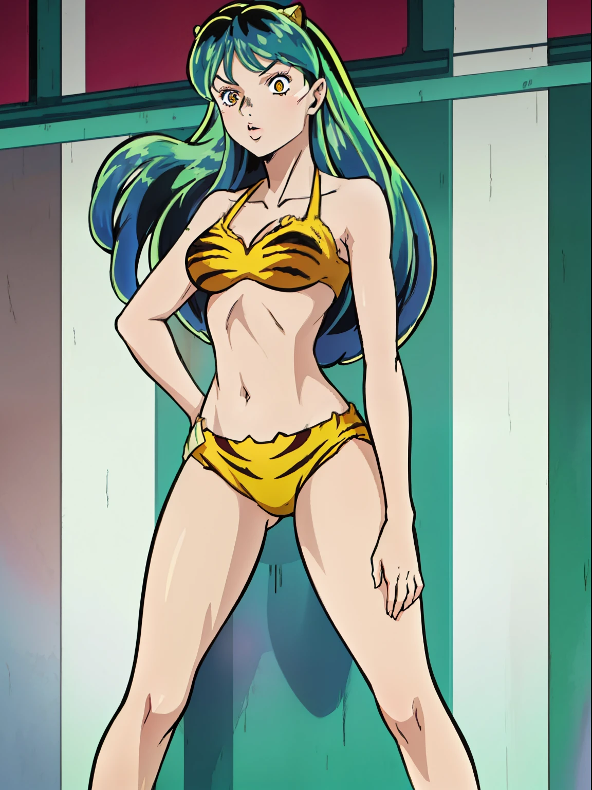 A sexy girl in a bikini, illuminated by soft and captivating lum lights. The girl stands confidently in the foreground, radiating a seductive aura. Her sun-kissed skin is adorned with intricate tiger patterns, enhancing her feline and fierce beauty. The artistically rendered masterpiece captures the essence of sensuality and power. Inspired by Araki Hirohiko's unique style, the image showcases bold and dynamic lines, bringing the girl to life with stunning realism. Vibrant colors, ranging from warm oranges to deep blues, create an alluring atmosphere. The lighting plays with shadows and highlights, accentuating the curves of the girl's body and adding depth to the composition. The overall effect is a captivating and mesmerizing artwork that embodies the spirit of Araki Hirohiko's distinct artistic vision.