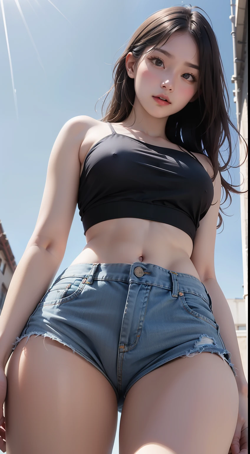 18 years old, from the ground, camisole, (denim miniskirt), light blue underwear pattern, from below, blue sky,