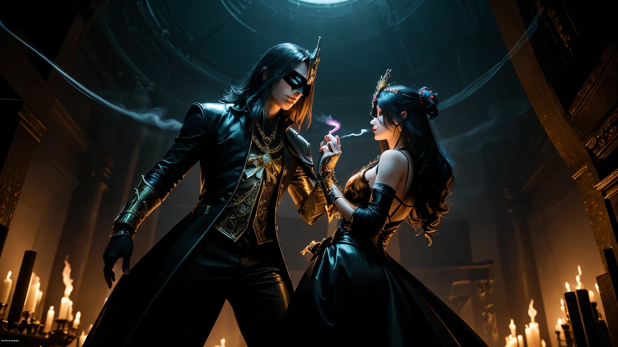 ((full body shot)) cyberpunk venetian style couple, lovers, romance, couple volto masquerade mask, dancing at a masquerade ball dance in fire temple love club connected by gravity,A grand Renaissance oil painting depicting the eternal struggle between good and evil. Use the chiaroscuro technique to emphasize the contrast between the virtuous figures and the malevolent forces. Employ a rich color palette to convey the moral intensity of the scene. Paint on a large canvas to capture the epic scale of the timeless battle between light and darkness, evoking the spirit of Renaissance masterpieces., bright colors, high saturation, high detailed, lots of neon colors smoke, stunning visual masterpiece, double exposure High resolution, High contrast, HDR, surrounded by, extremely detailed, ultra sharp, perfect composition, smooth, sharp focus, realism, high detail, hyper realistic, the photo realistic, sharp focus (iridescent glow smoke), UHD, 32K, very bold neon colors, black light colors, neo