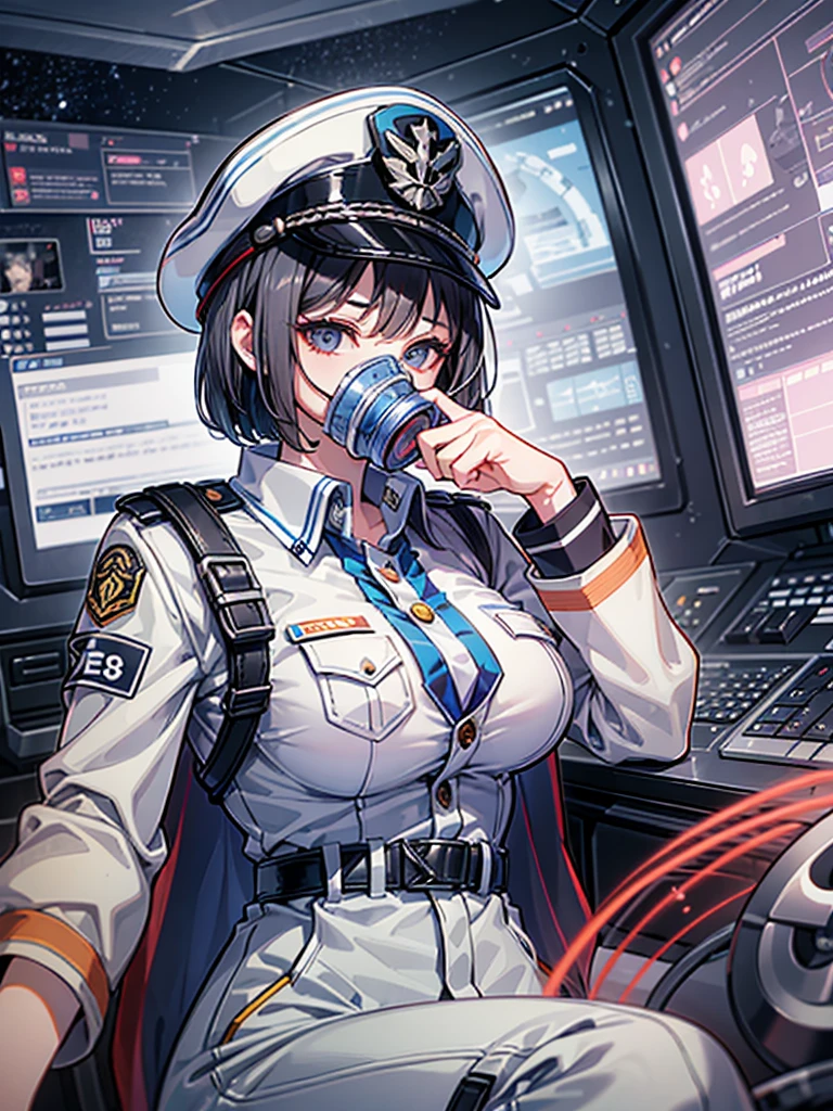 (((masterpiece、Highest image quality、highest quality、highly detailed unity 8kwallpaper)))、(Illustration of one woman)、30 years old、(Viceroy)、((Black hair bob cut))、(((Gas mask covering the mouth)))、gray eyes、((tall、big breasts))、((Military uniforms))、((Military Cap))、((military coat))、(white clothes)、(white pants)、(white hat)、trench coat、(((Sitting in the captain's seat)))、(((Inside a futuristic spaceship、Surrounded by instruments and monitors、The Universe on the Monitor、Earth seen from space)))
