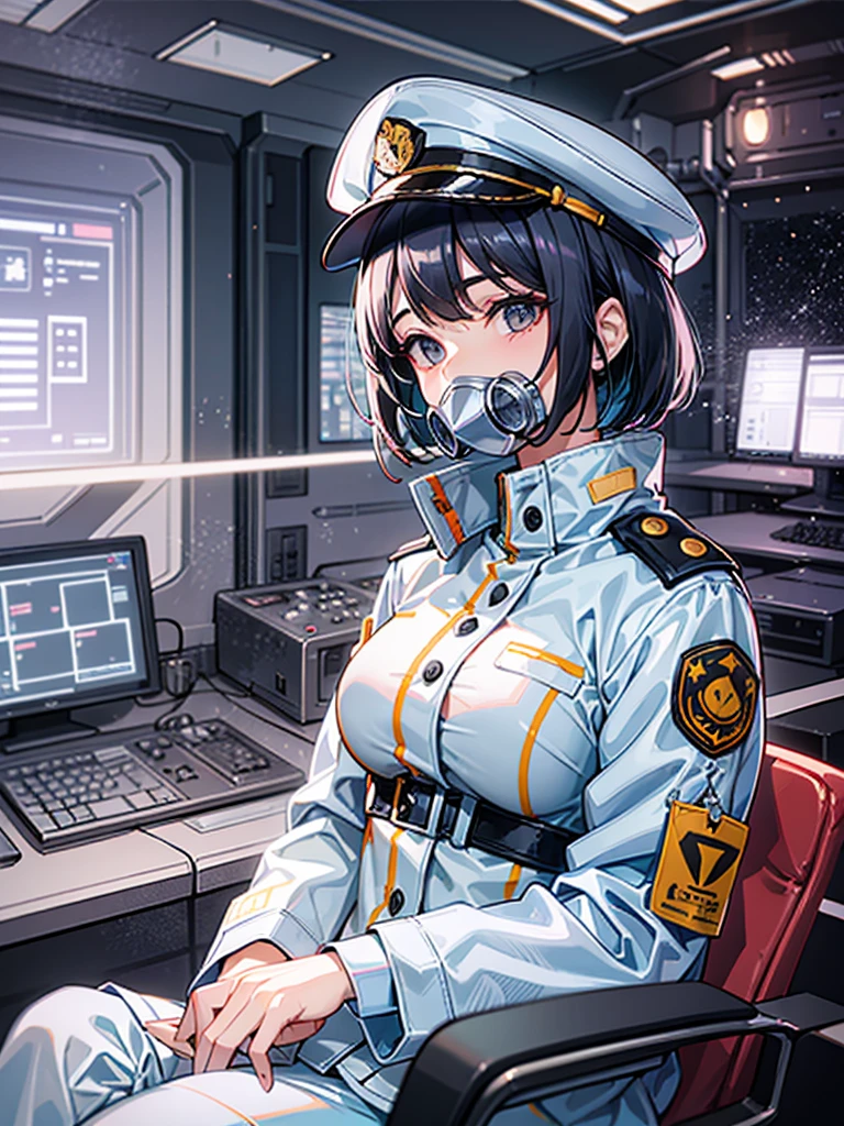 (((masterpiece、Highest image quality、highest quality、highly detailed unity 8kwallpaper)))、(Illustration of one woman)、30 years old、(Viceroy)、((Black hair bob cut))、(((Gas mask covering the mouth)))、gray eyes、((tall、big breasts))、((Military uniforms))、((Military Cap))、((military coat))、(white clothes)、(white pants)、(white hat)、trench coat、(((Sitting in the captain's seat)))、(((Inside a futuristic spaceship、Surrounded by instruments and monitors、The Universe on the Monitor、Earth seen from space)))