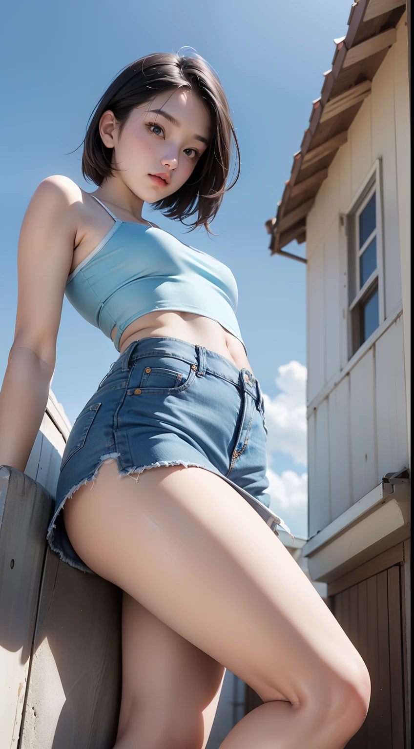 18 years old, from the ground, camisole, (denim miniskirt), light blue underwear pattern, from below, blue sky,