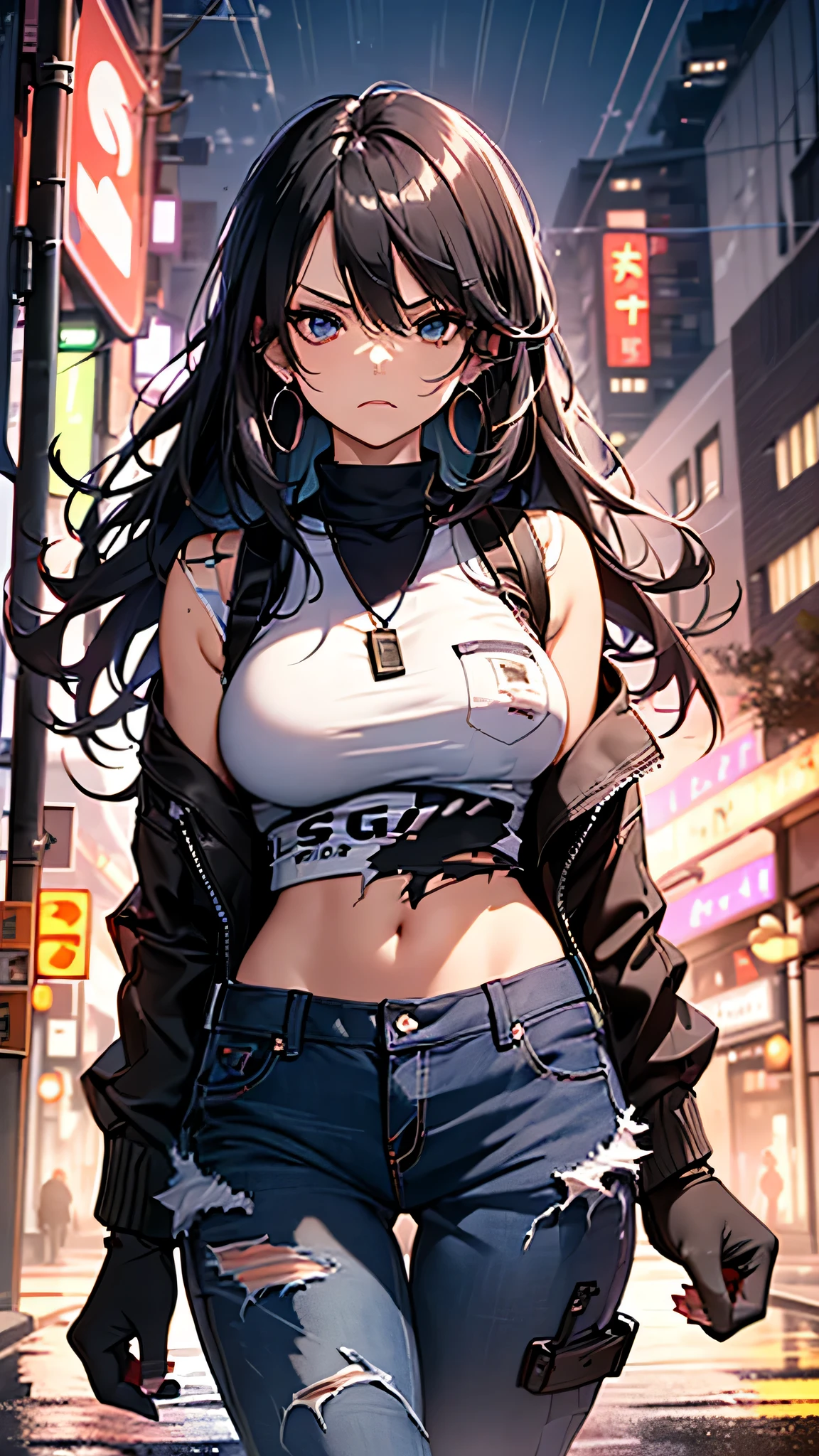 最high quality、best image quality、masterpiece、age girl((18-year-old、 By becoming、vest bust、medium bust,wide open breast tea、black eye, black hair、long hair、thin,highest valley、Torn black t-shirt(2:3)、angry face,damaged pants(2:3)、Perforated gloves、blue earrings、dog tag、Please show me your whole body)),high quality、beautiful art、background((City of night、Blue lightning strike、heavy rain、strong wind、Center of the intersection)),debris flies、Depth of written boundary、movie、visual art、perfect art、8K,genuine
