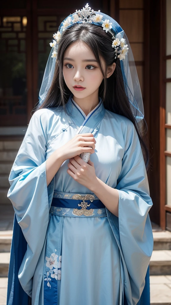 A woman in a blue and white dress with flowers in her hair, hanfu, palace, girl in hanfu, blue hanfu, white hanfu, wearing ancient Chinese costume, ((beautiful fantasy queen)), ancient Chinese princess, Chinese style, traditional Chinese clothing, ancient Chinese clothing, beautiful fantasy queen, Chinese princess, traditional beauty,