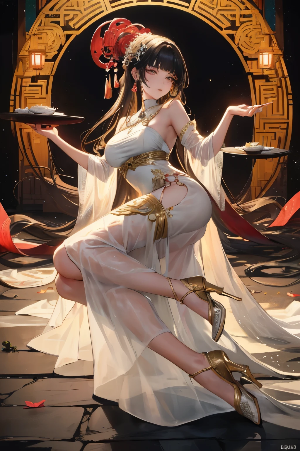 In the heart of ancient China, there exists an enchanting image of a woman. Dressed in an elegant evening gown, her silhouette is accentuated by the soft glow of the setting sun. The dress, adorned with intricate lotus patterns, cascades down to her ankles, each flowy layer shimmering in the twilight. Her high heels, made of white jade, elegantly tap against the stone floor as she moves with grace and poise. The delicate fabric captures the many-layer textures of her figure, demonstrating a perfect fit and harmonious tones. The woman's long, flowing black hair is gathered at the nape of her neck, gl