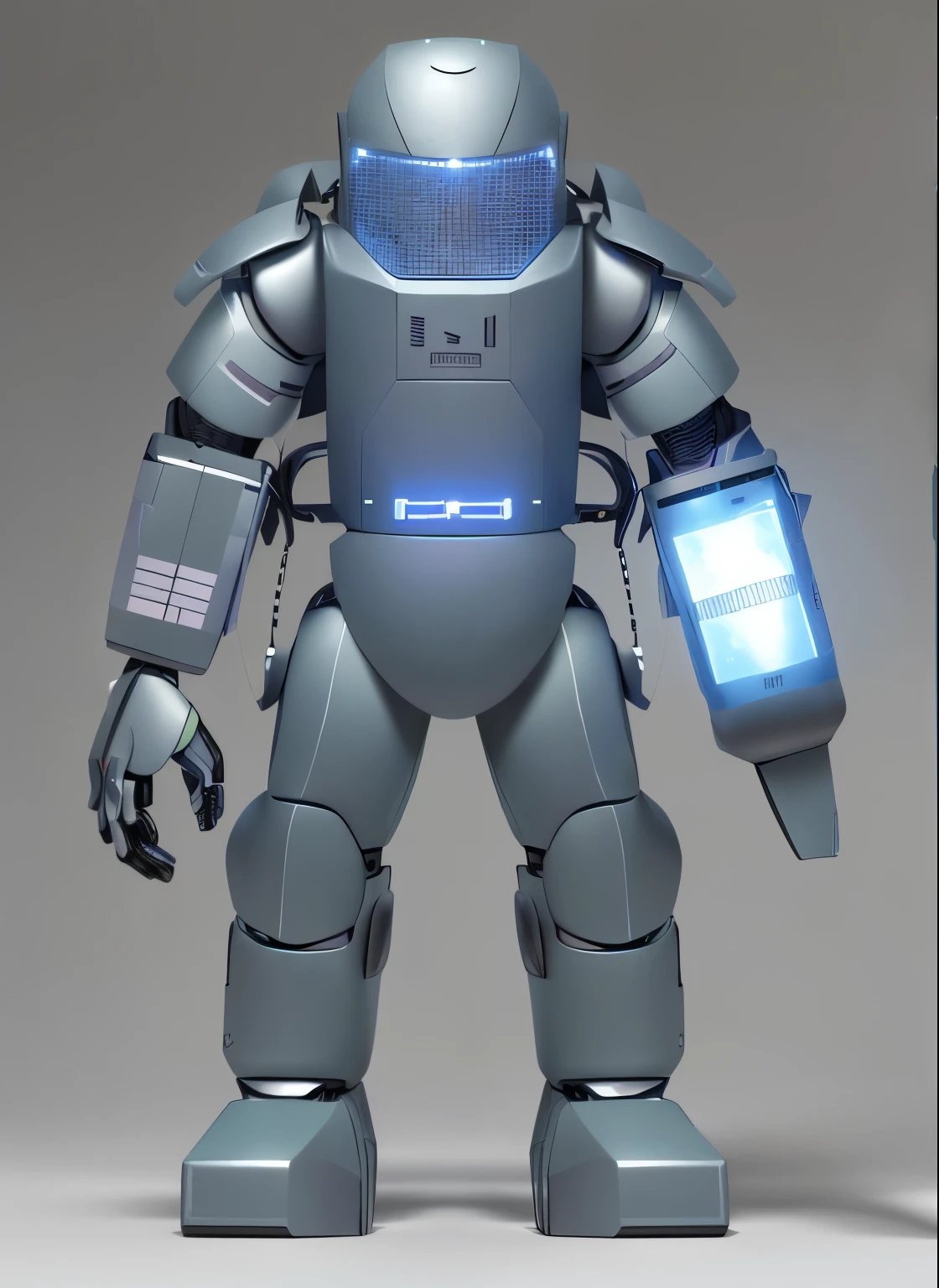 Close-up of robot holding mobile phone in hand, full body mechasuit, Scout robot, robot suit, mechasuit, military robot, Robot metal armor, whole body with human mask, Saudi future warrior mecha, Formidable full body armor, mechasuit, doll, Mecha armor