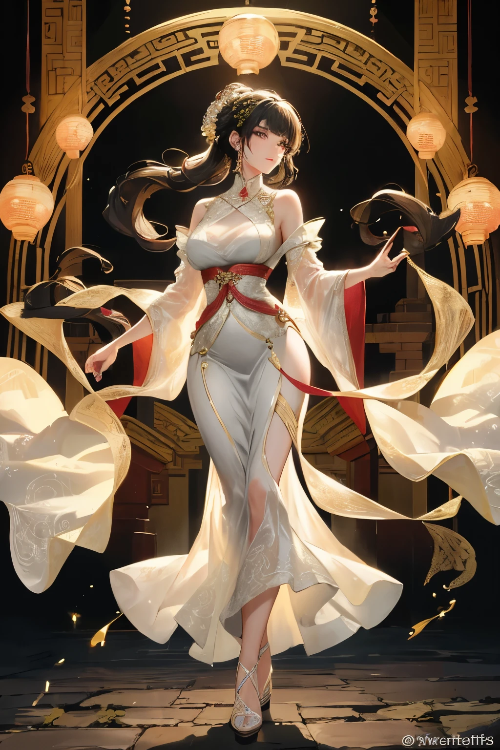 In the heart of ancient China, there exists an enchanting image of a woman. Dressed in an elegant evening gown, her silhouette is accentuated by the soft glow of the setting sun. The dress, adorned with intricate lotus patterns, cascades down to her ankles, each flowy layer shimmering in the twilight. Her high heels, made of white jade, elegantly tap against the stone floor as she moves with grace and poise. The delicate fabric captures the many-layer textures of her figure, demonstrating a perfect fit and harmonious tones. The woman's long, flowing black hair is gathered at the nape of her neck, gl