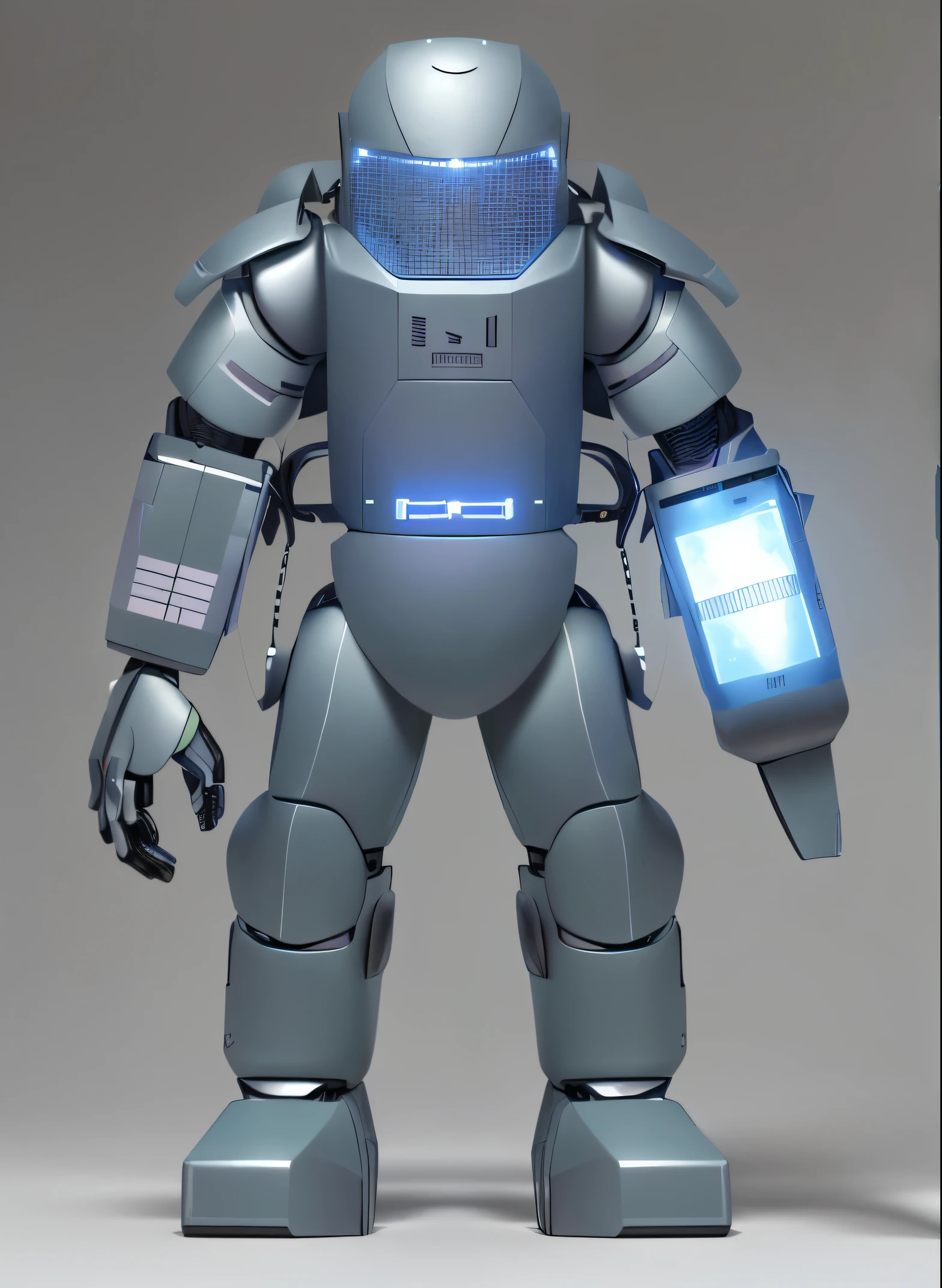 Close-up of robot holding mobile phone, full body Mecha suit, Scout robot, robot suit, Mecha suit, military robot, Robot metal armor, Wearing a human mask, Saudi future warrior mecha, Powerful full body armor, Mecha suit, toy doll, Mecha armor