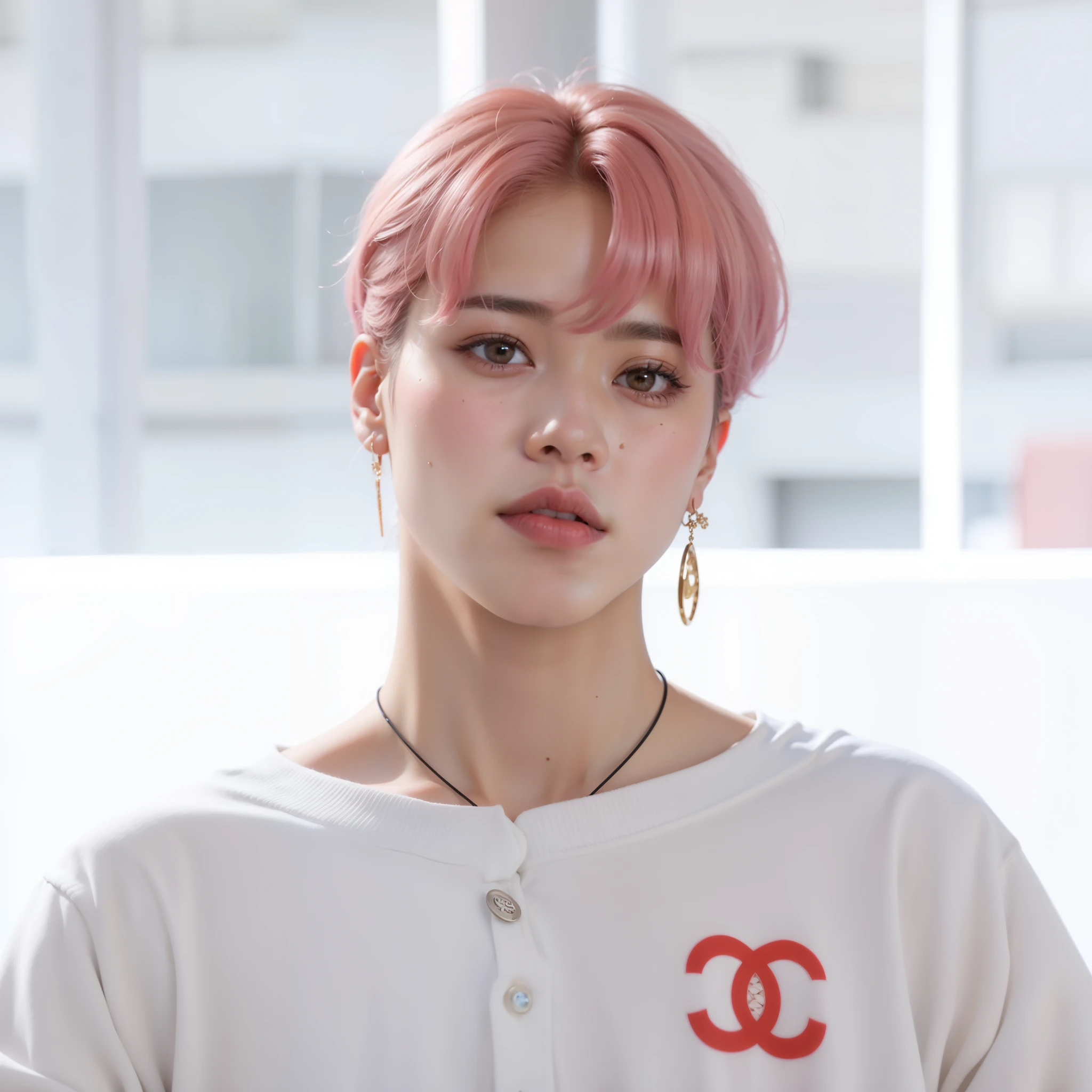 um close up de uma pessoa com um cabelo rosa e uma camisa branca, Jimin\the full lips, park Jimin, accurate Jimin face, Jimin, Jimin\o nariz grego, Jimin\the right eyelid is swollen, Kim Doyoung, Jung Jaehyun, Retrato de Jossi do Blackpink, hyung tae, cai xukun, taejune kim