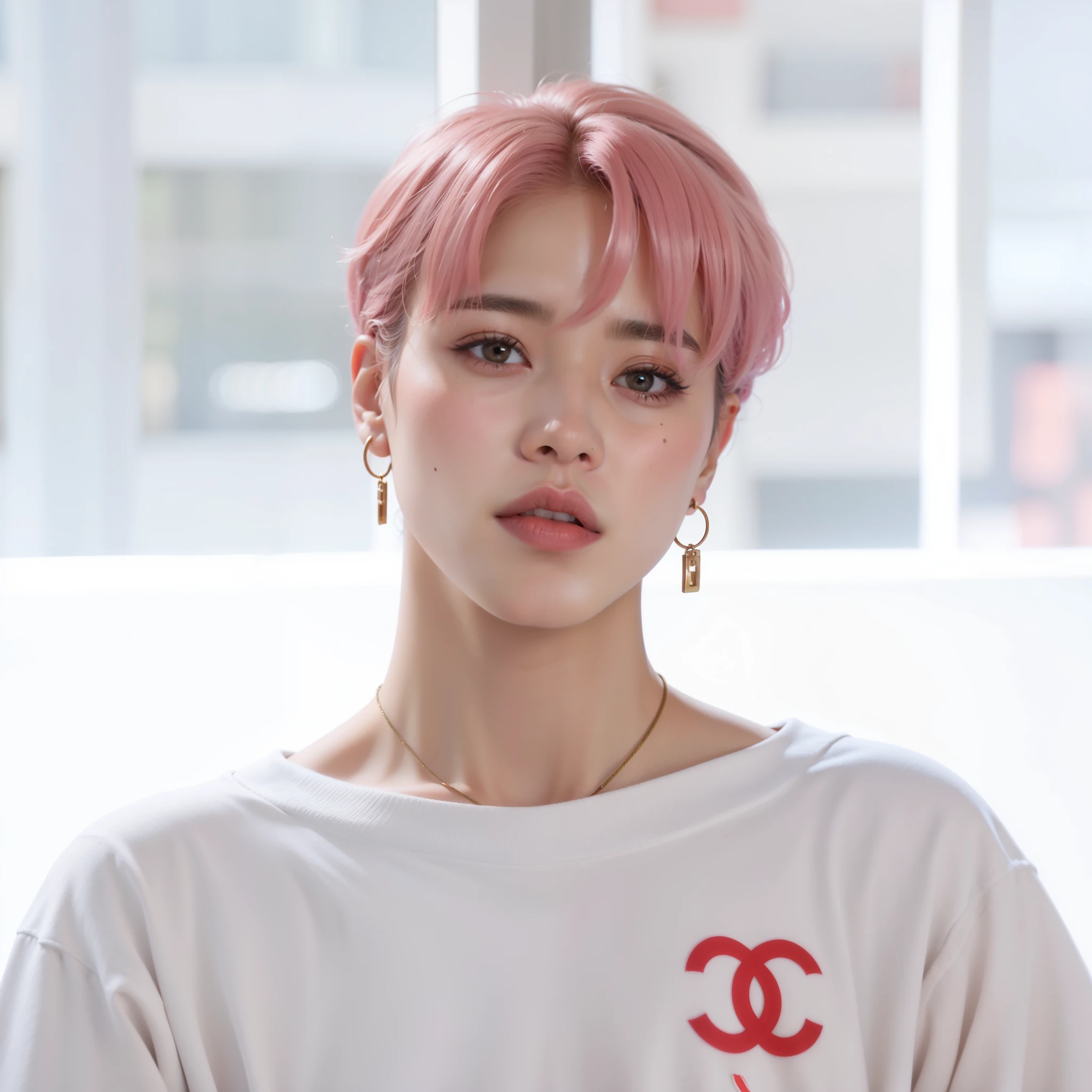 um close up de uma pessoa com um cabelo rosa e uma camisa branca, Jimin\the full lips, park Jimin, accurate Jimin face, Jimin, Jimin\o nariz grego, Jimin\the right eyelid is swollen, Kim Doyoung, Jung Jaehyun, Retrato de Jossi do Blackpink, hyung tae, cai xukun, taejune kim