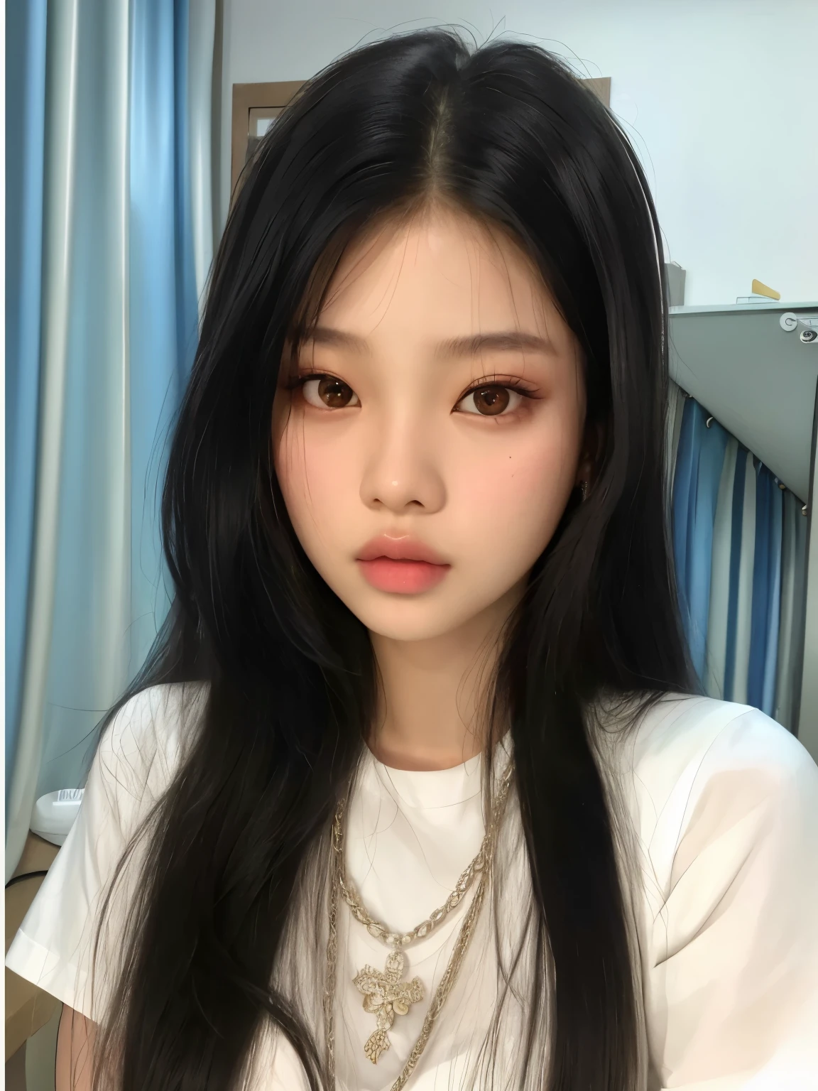 um close up de uma mulher com cabelos longos vestindo uma camisa branca, jennie blackpink, jossi do blackpink, young lovely korean face, maquiagem sul-coreana popular, portrait of jossi do blackpink, young pale and beautiful asian face, cruel korean goth girl, maquiagem coreana popular, Korean facial features, coreana, Southeast Asian with round face, korean symmetrical face