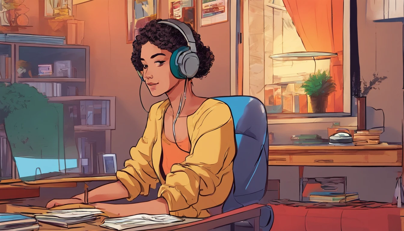 8k,high resolution,lo-fi,girl wearing earphones,Chill,inside the room,In front of the desk,sitting in a chair