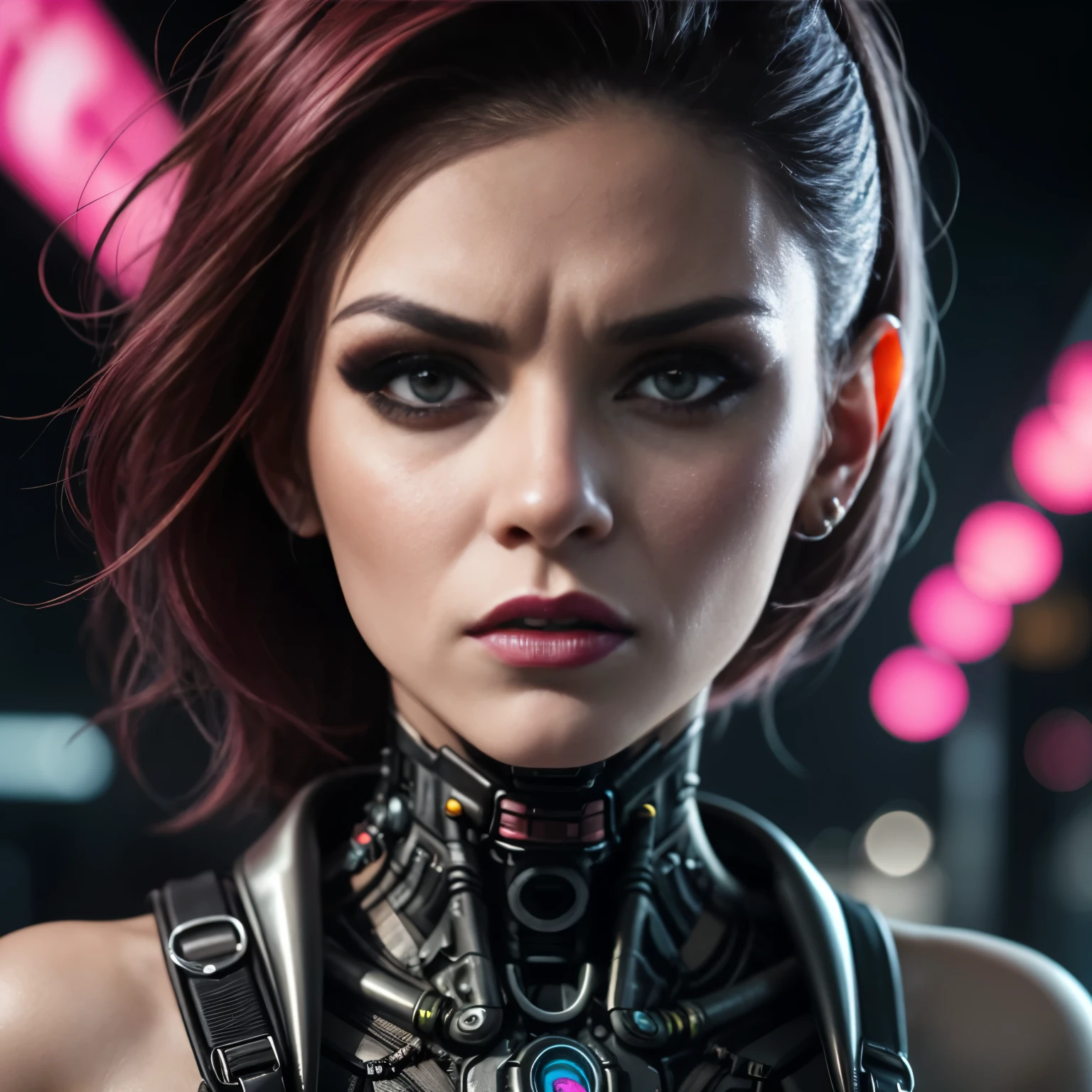 a close-up of a woman with a very strange face and strange hair, horror cyberpunk style, angry cyberpunk beautiful goddess, cyborg woman, hyper-realistic cyberpunk style, cyborg girl, cyberpunk style,hyper-realistic, intricate cyberpunk makeup - up, cyborg - girl, cyborg fashion model, Detailed portrait of a cyborg, cyberpunk cyborg, angry female cyborg