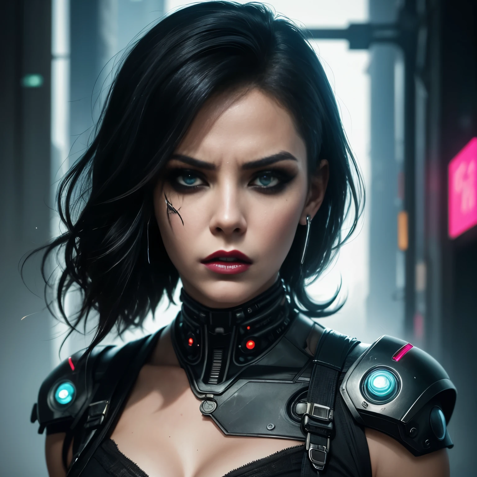a close-up of a woman with a very strange face and strange hair, horror cyberpunk style, angry cyberpunk beautiful goddess, cyborg woman, hyper-realistic cyberpunk style, cyborg girl, cyberpunk style,hyper-realistic, intricate cyberpunk makeup - up, cyborg - girl, cyborg fashion model, Detailed portrait of a cyborg, cyberpunk cyborg, angry female cyborg
