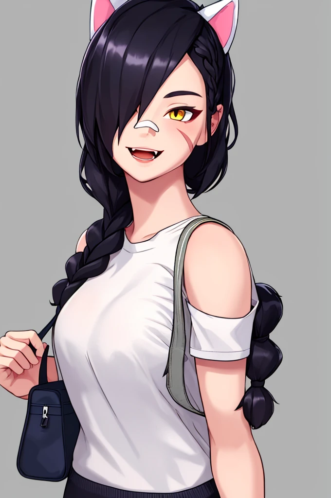 Erisa, 1girl, solo, long hair, looking at viewer, black hair, bandaid on face, yellow eyes, animal ears, smile, bandaid on nose, braid, cat ears, bandaid, bangs, breasts, fake animal ears, simple background, open mouth, fang, , bare shoulders, scar, teeth, shirt, tight shirt, bare shoulders, white shirt, short sleeves, closed mouth, t-shirt, hair over one eye, portrait, bag, hair over shoulder, shorts, skin tight outfit, seductive, realistic, best quality, masterpiece, ultra detail, ultra high res, extreme detail, 8k