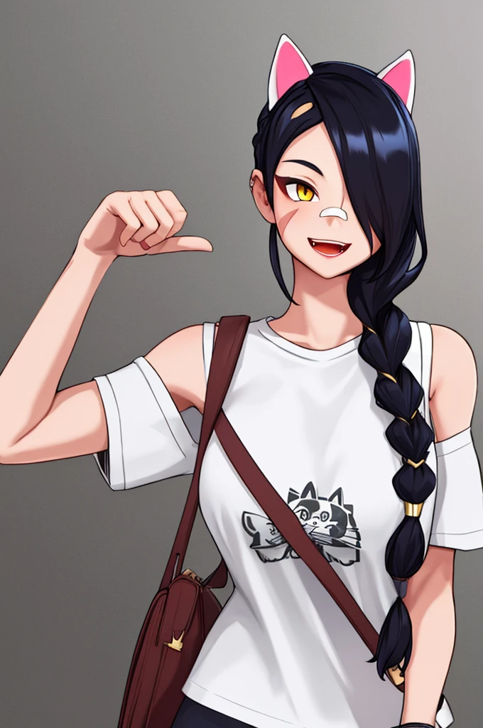 Erisa, 1girl, solo, long hair, looking at viewer, black hair, bandaid on face, yellow eyes, animal ears, smile, bandaid on nose, braid, cat ears, bandaid, bangs, breasts, fake animal ears, simple background, open mouth, fang, , bare shoulders, scar, teeth, shirt, tight shirt, bare shoulders, white shirt, short sleeves, closed mouth, t-shirt, hair over one eye, portrait, bag, hair over shoulder, shorts, skin tight outfit, seductive, realistic, best quality, masterpiece, ultra detail, ultra high res, extreme detail, 8k