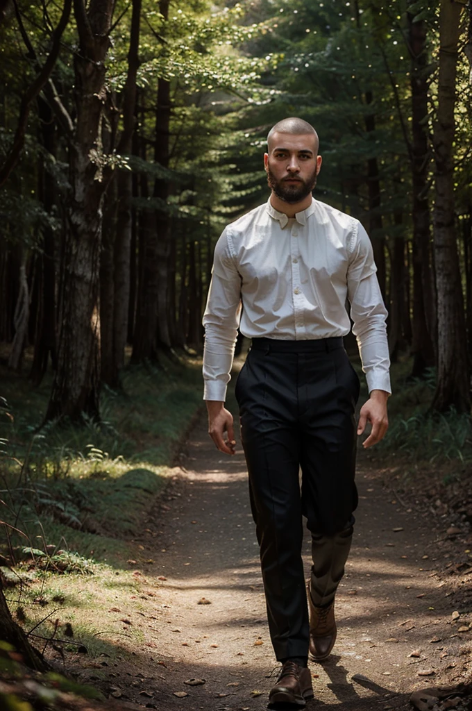 cinematic Person, Young man with shaved haircut, light eyes, with beard, walking in a forest, white lights in background, vivid colors long shot