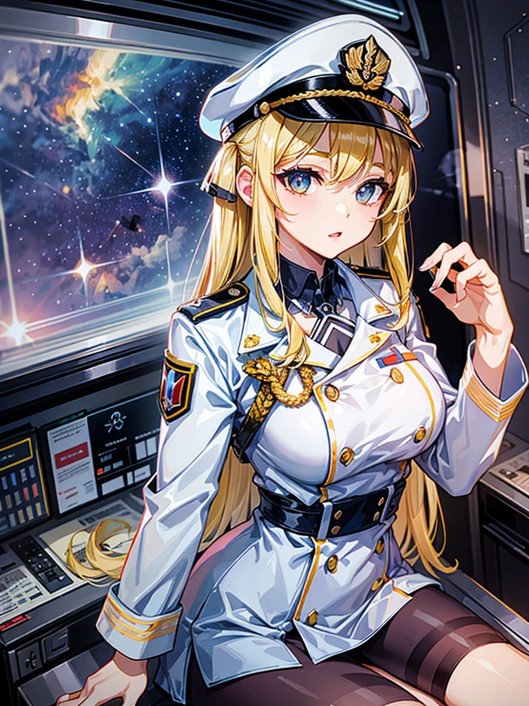 （（（masterpiece、Highest image quality、highest quality、highly detailed unity 8ｋwallpaper）））、（Illustration of one woman）、whole body、30 years old、（（（neutral）））、（（blonde、twin tails））、Light golden eyes、（（tall））、（（（stocky build、thickset physique：1.3、muscular legs、muscular arms、broad shoulders、solid chest）））、（（（manspreading、Sitting in the captain's seat）））、（（Military uniforms））、（（Military Cap））、（（military coat））、（white clothes）、（white pants）、（white hat）、trench coat、（（Inside a futuristic spaceship、Surrounded by instruments and monitors、The Universe on the Monitor、Earth seen from space））