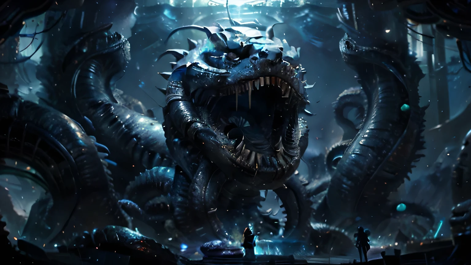 Demen wittor espectro without eyes and a glowing mouth in the space, cosmic horror creature, cosmic horror concept art, amazing space creature 4 k, lovecraftian sea creature, deep sea creature, cosmic horror entity, lovecraftian cosmic fear, inspired by Aleksi Briclot, fantasy and cosmic horror movie, lovecraftian monster, lovecraftian creature, space horror
