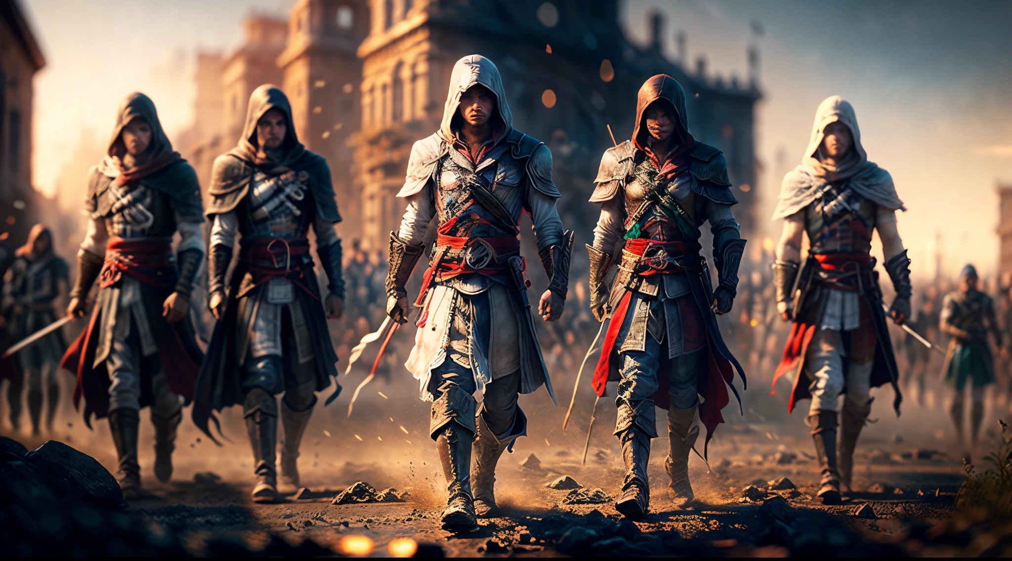 Assassin's Creed, assassin's reunion,, ezio from brotherhood, city of Baghdad,basim, eivor, Kassandra, Edward, Altair,, all assassin's meetup,