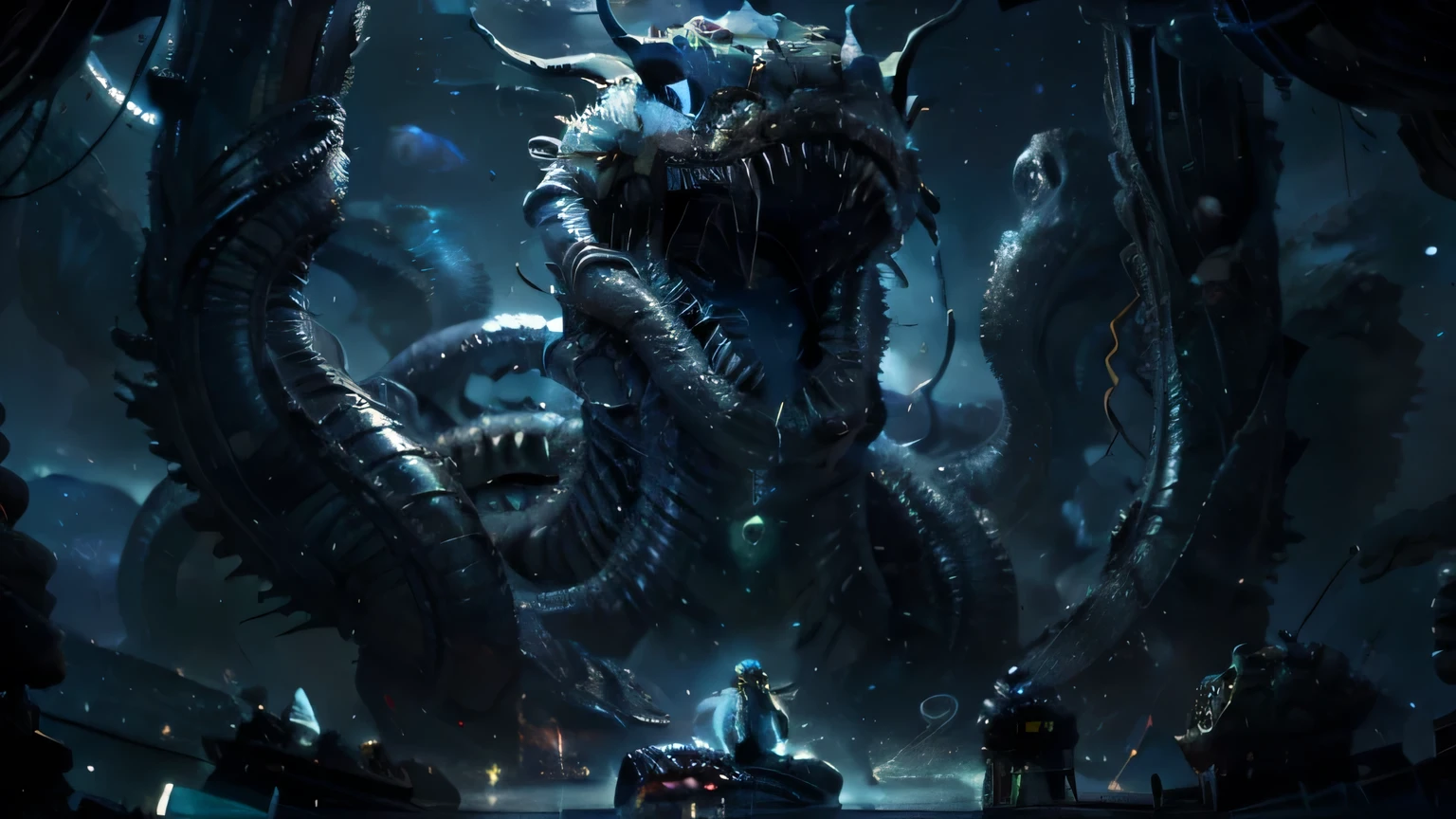 Demen wittor espectro without eyes and a glowing mouth in the space, cosmic horror creature, cosmic horror concept art, amazing space creature 4 k, lovecraftian sea creature, deep sea creature, cosmic horror entity, lovecraftian cosmic fear, inspired by Aleksi Briclot, fantasy and cosmic horror movie, lovecraftian monster, lovecraftian creature, space horror