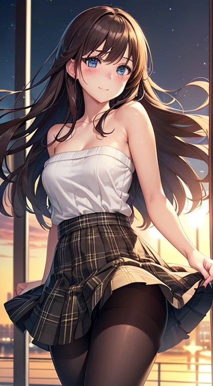 ((masterpiece, best quality, high resolution, ultra high definition, Pixel perfect, depth of field, 4K, RTX, human development report))), 1 girl, single, alone, sexy anime girl, beautiful art style, anime characters,see whole body, ((long hair, Bangs, brown hair)), ((blue eyes:1.4, round eyes, beautiful eyelashes, realistic eyes)), ((Detailed face, blush:1.2)), ((smooth texture:0.75, lifelike质感:0.65, lifelike:1.1, Anime CG style)), medium breasts, dynamic angle, Perfect body, ((portrait, Throw)), ((White strapless sweater, black skirt, Plaid skirt, Black tights)),Shy smile, Holding the skirt with both hands,(The wind blew over the skirt,exposing her chest,露出Black tights),Inside the Ferris wheel at night