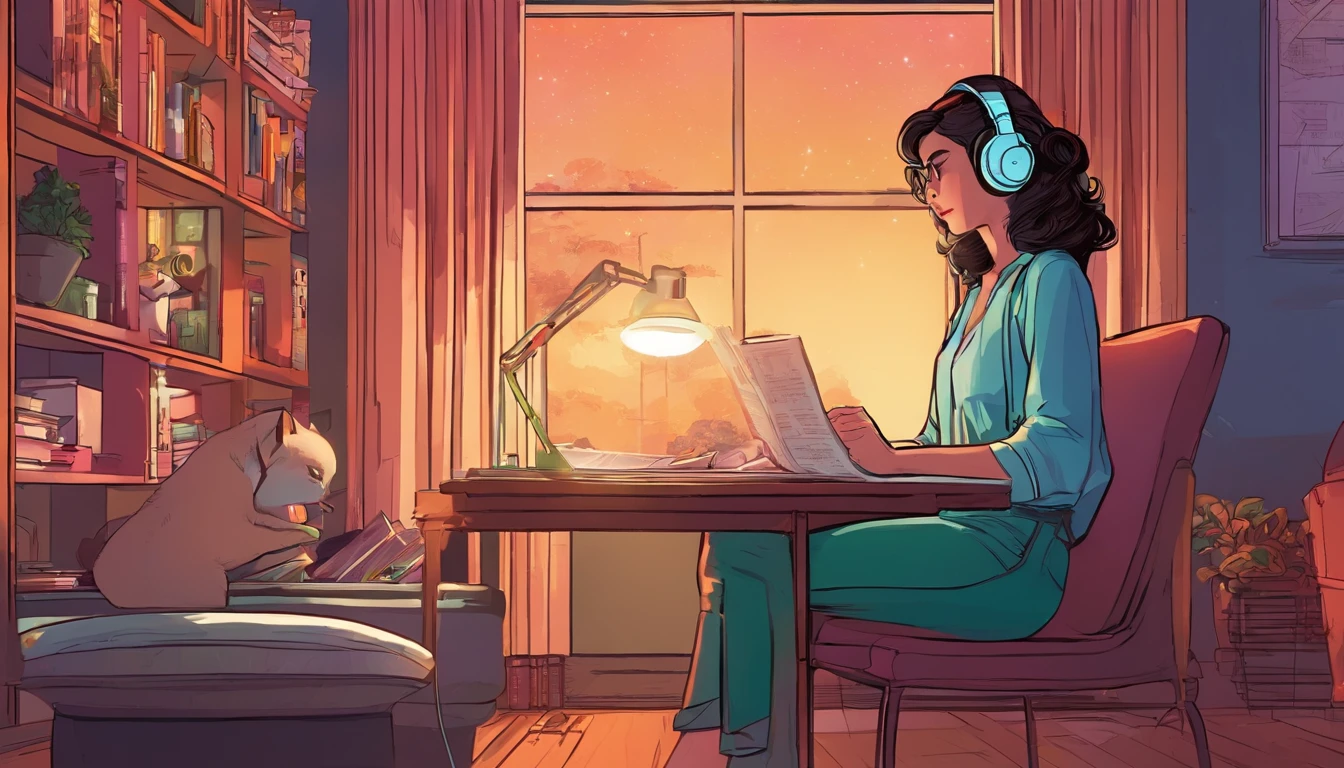 8k,high resolution,lo-fi,girl wearing earphones,Chill,inside the room,In front of the desk,sitting in a chair,night,moonlight,Gentle light